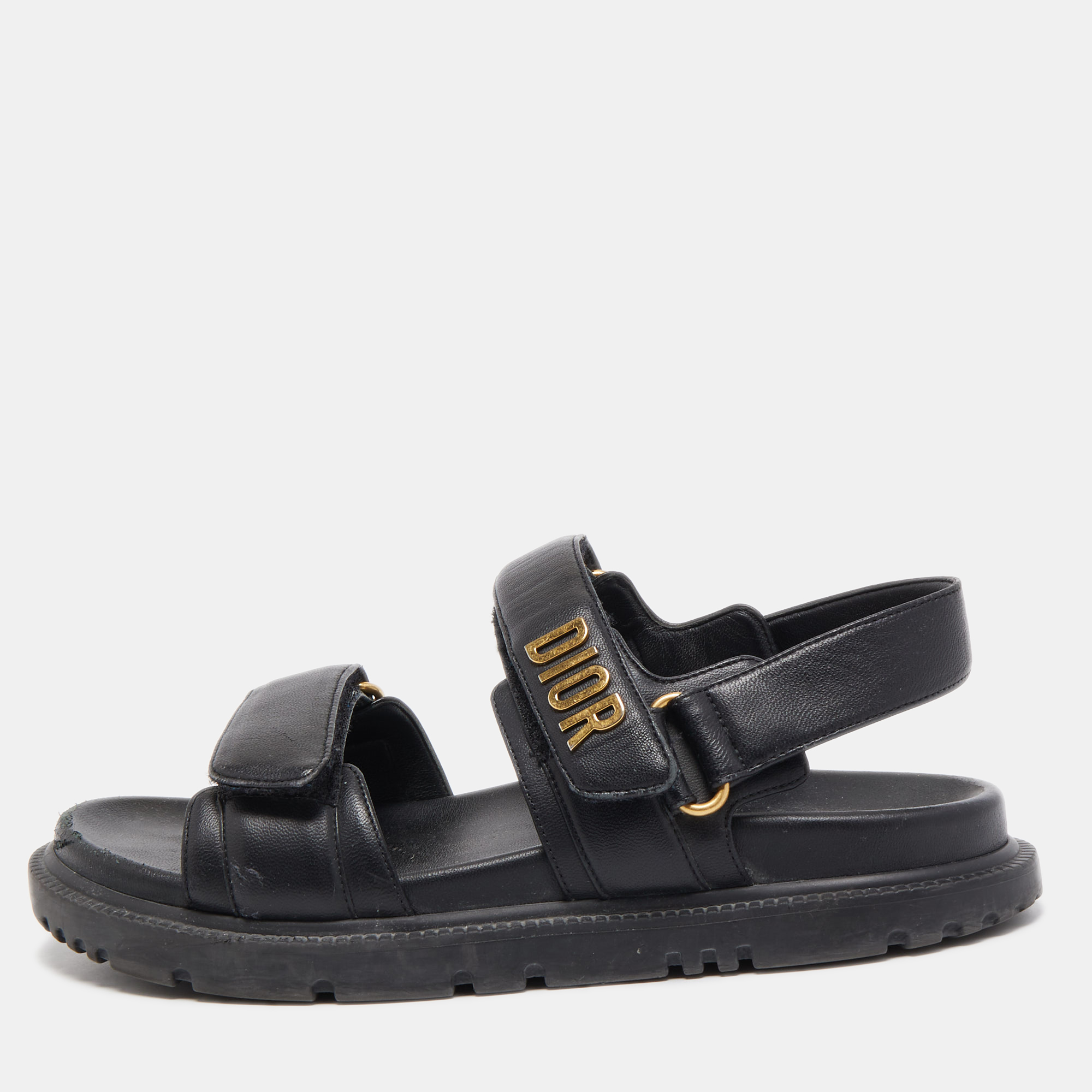 Pre Owned Dior Black Leather Buckle DiorAct Sandals Size 37.5