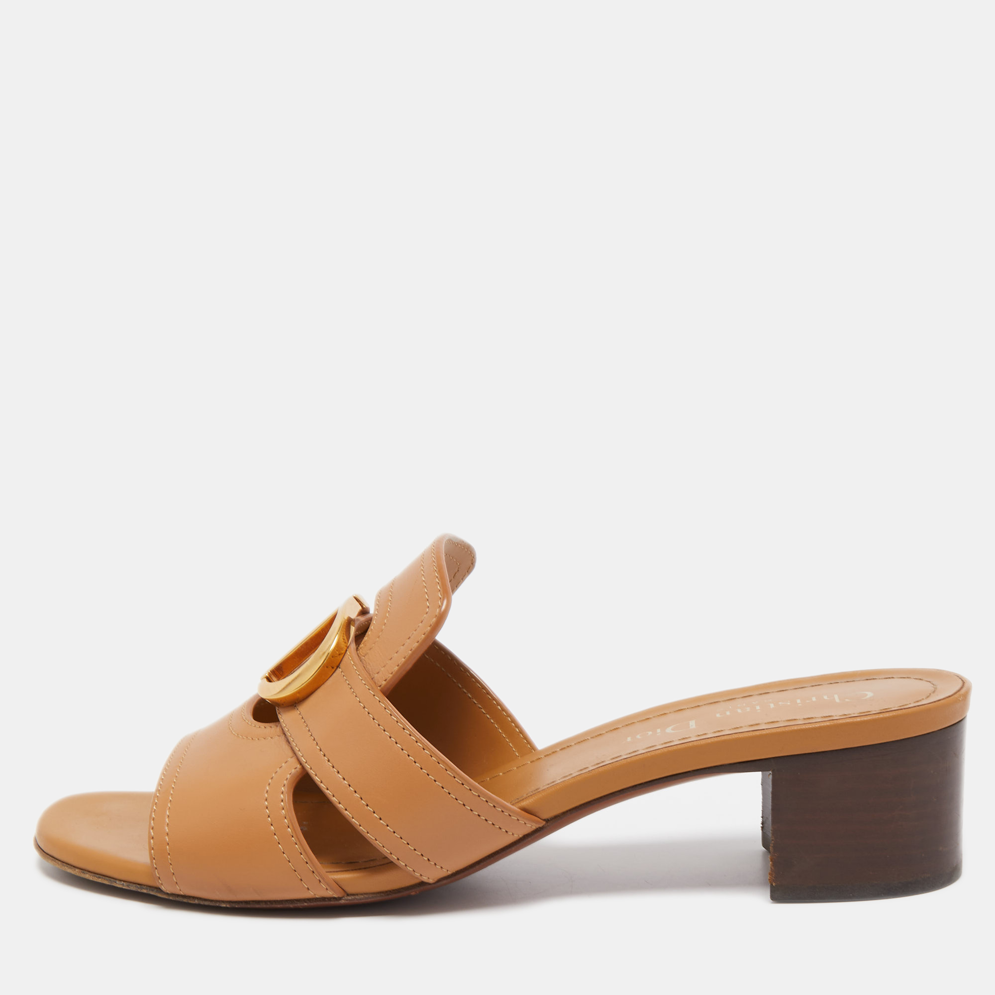 Dior Brown Leather 30 Montaigne Slides Size 38.5