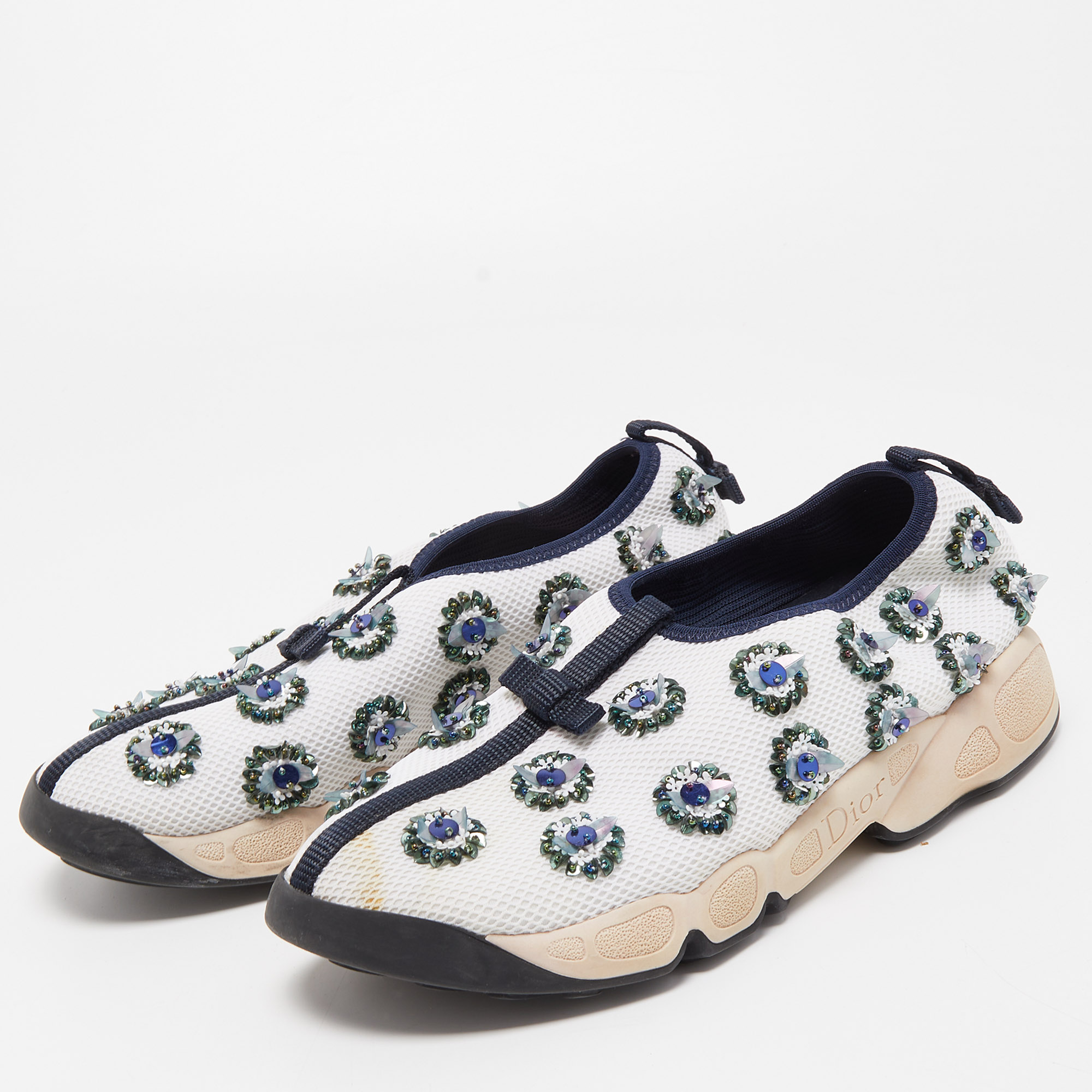 

Dior White/Navy Blue Crystal Embellished Mesh Fusion Sneakers Size