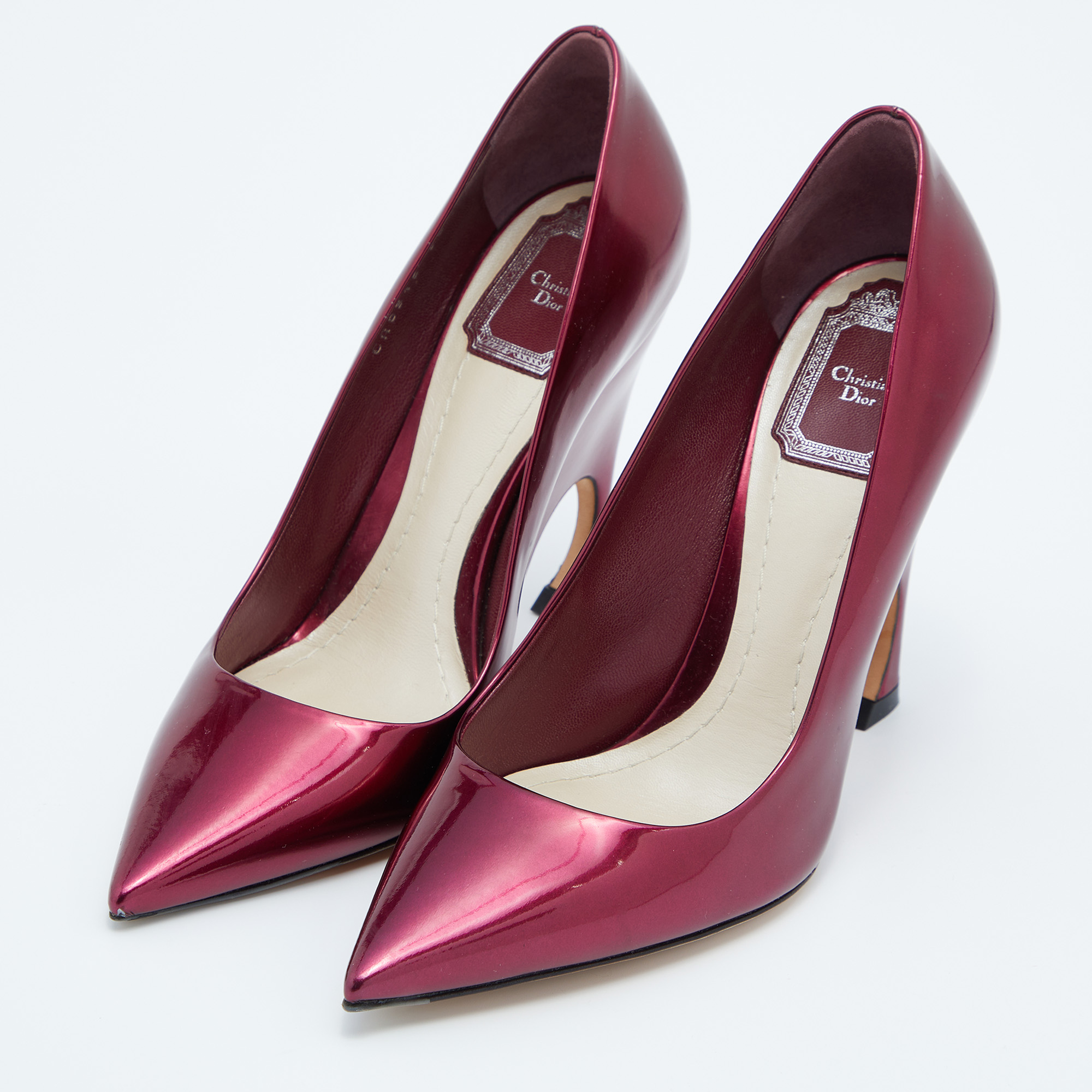 

Dior Burgundy Patent Leather Optique Wedge Pumps Size