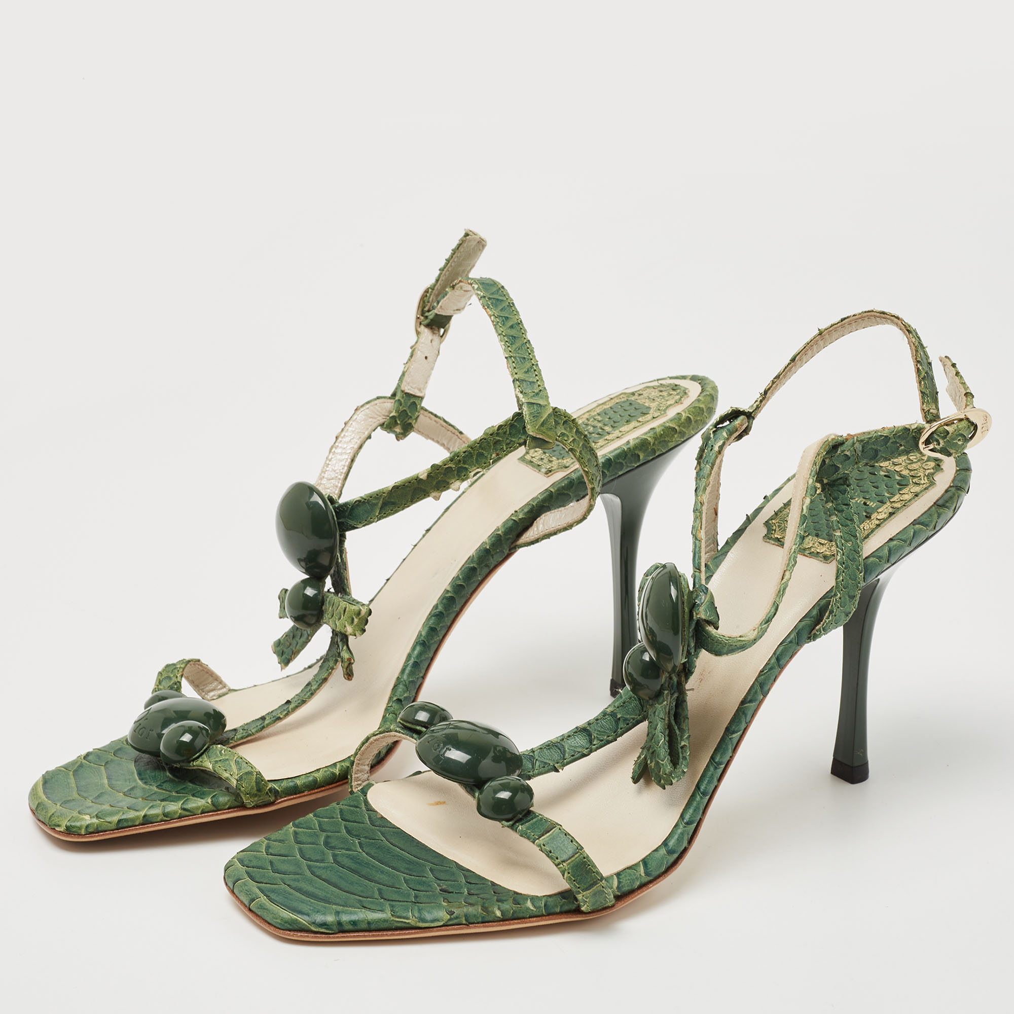 

Dior Green Python Embossed Leather Ankle Strap Sandals Size