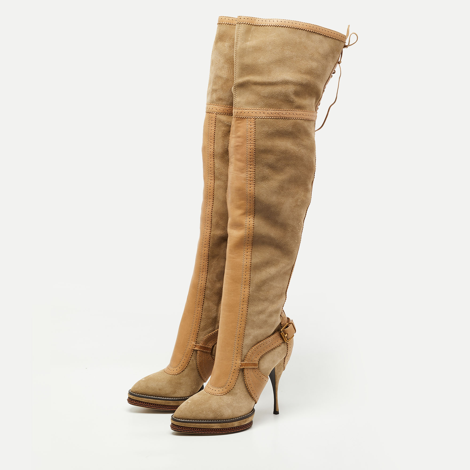 

Dior Beige/Grey Suede and Leather Knee Length Boots Size, Brown