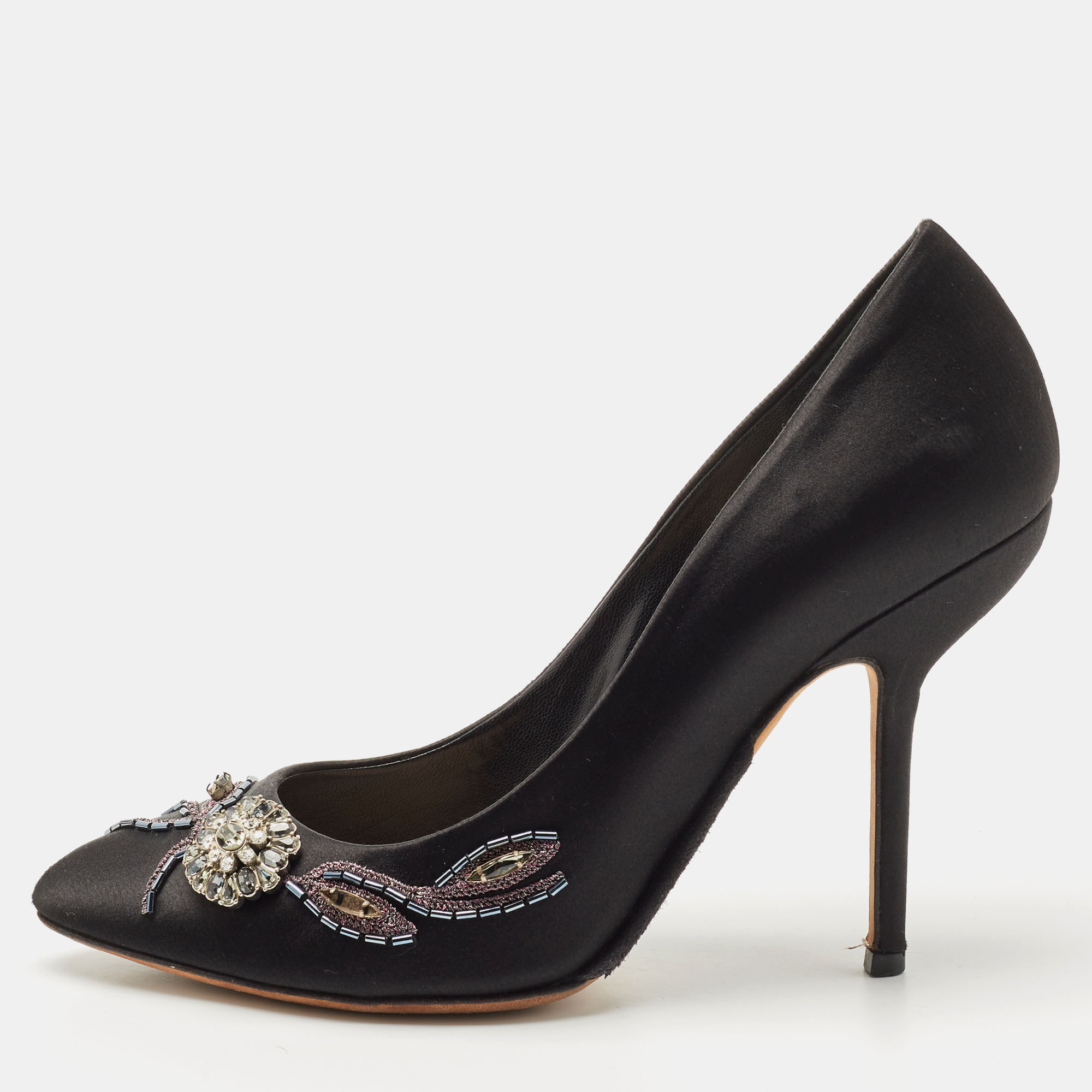 Pre-owned Dior Black Satin Crystal Embellished Round Toe Pumps Size 40