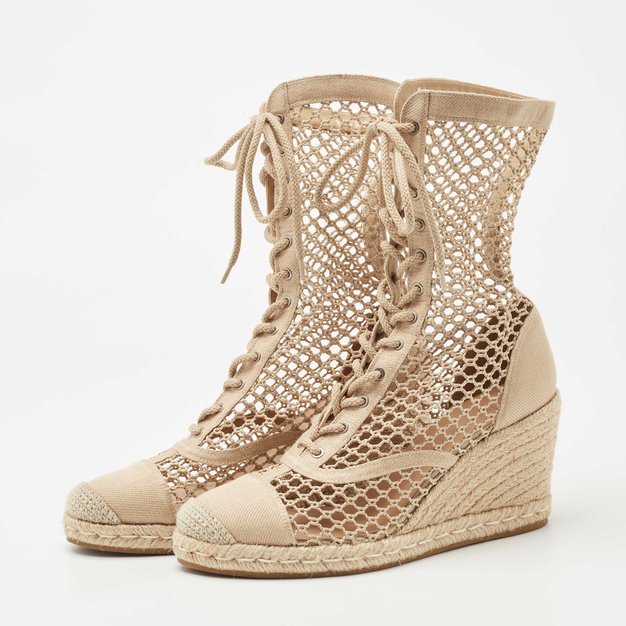 

Dior Beige Fishnet and Canvas Naughtily D Wedge Boots Size