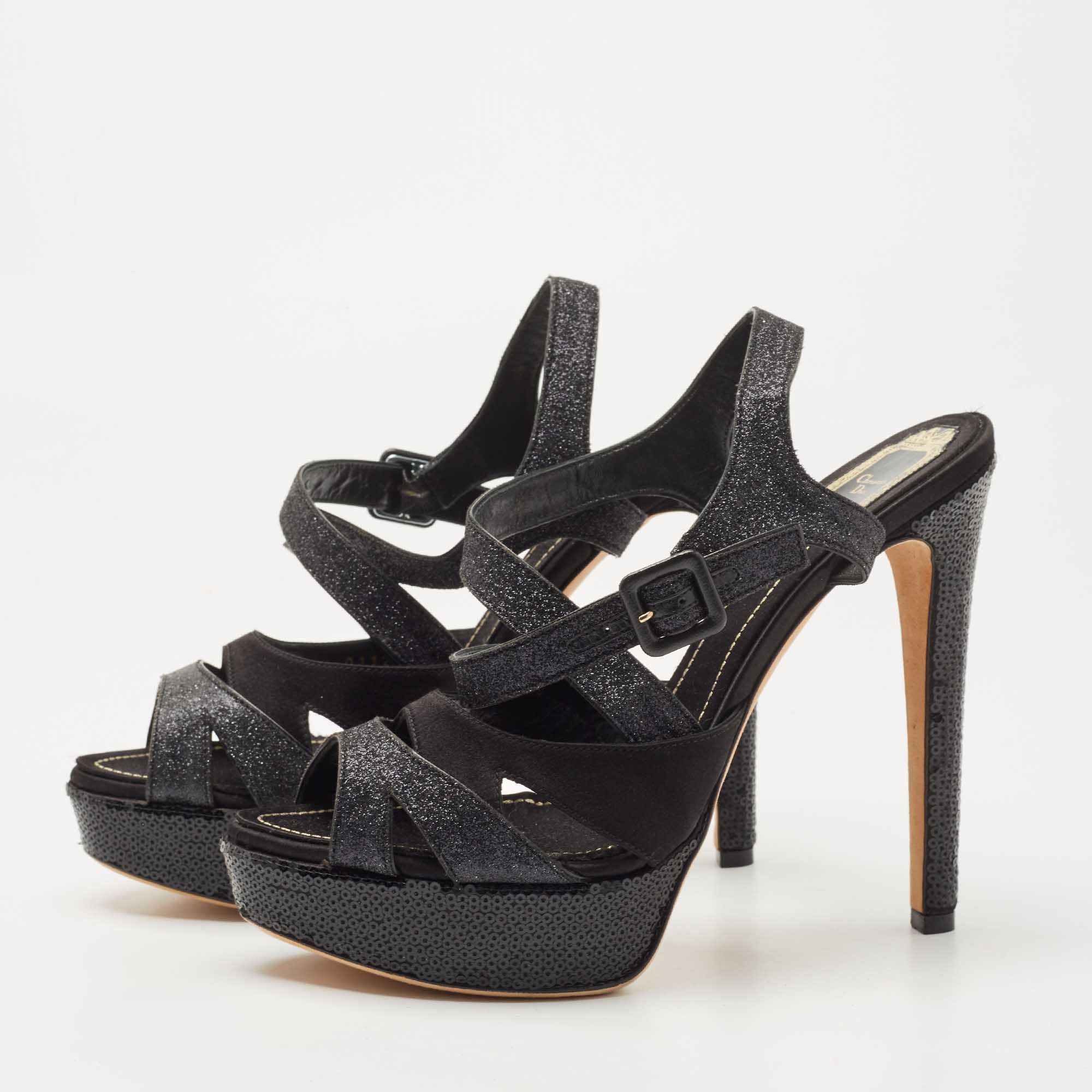 

Dior Black Satin and Glitter Platform Ankle Strap Sandals Size