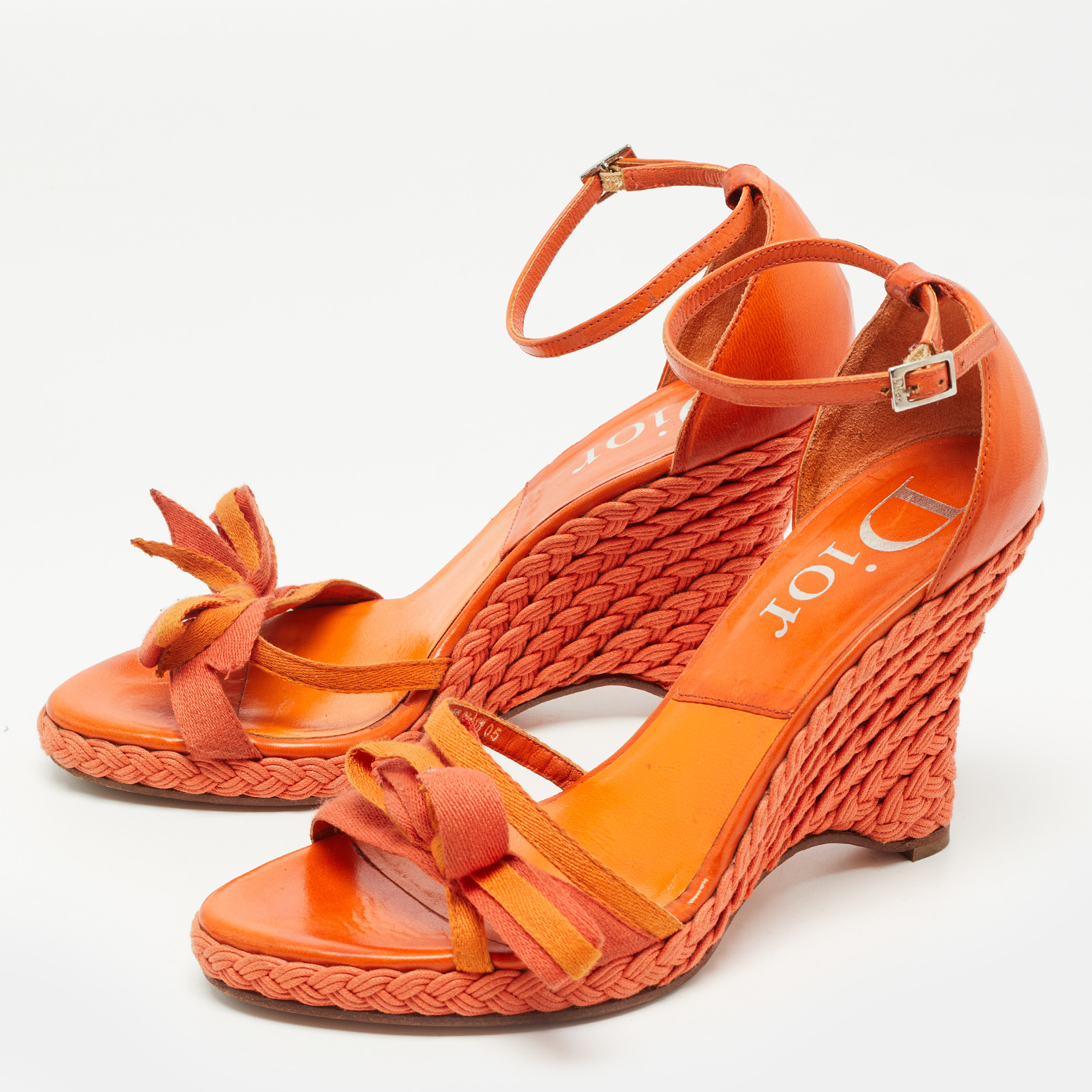 

Dior Orange Canvas and Leather Wedge Ankle Strap Sandals