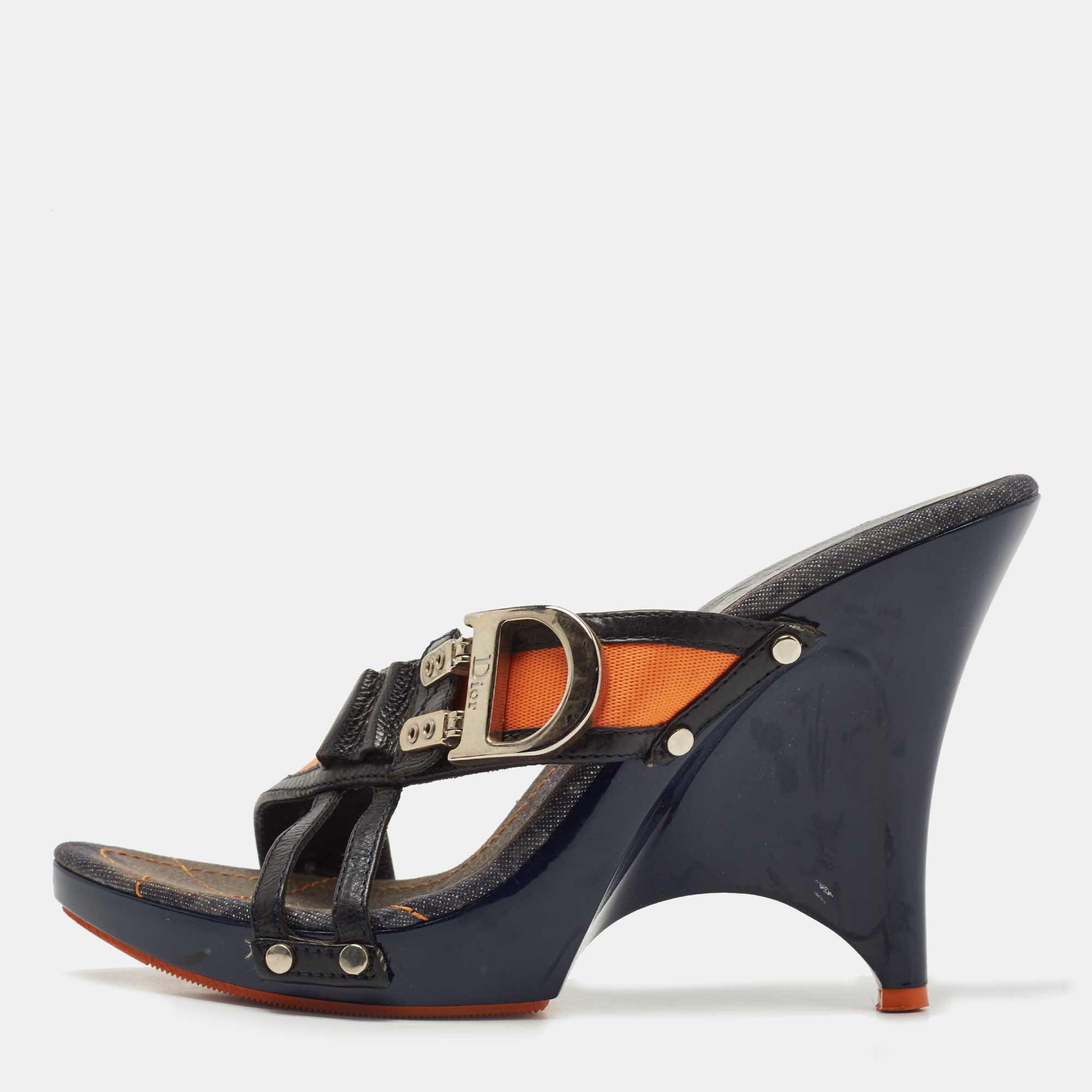 Pre-owned Dior Navy Blue/orange Canvas And Leather Wedge Sandals Size 38