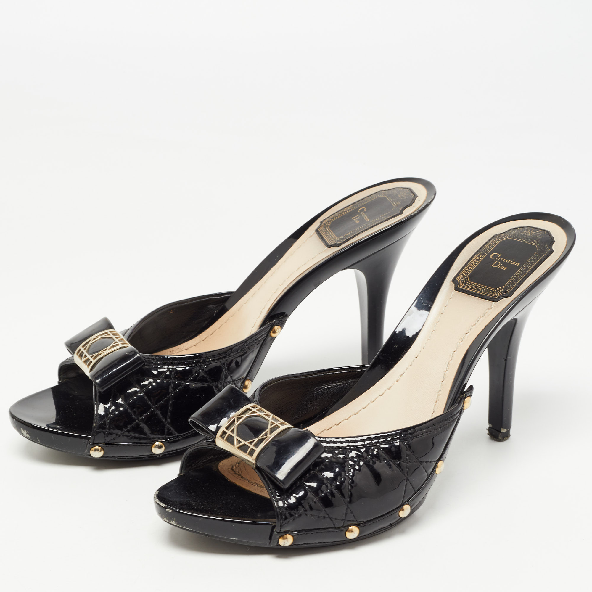 

Dior Black Patent Leather Cannage Logo Details Slide Sandals Size