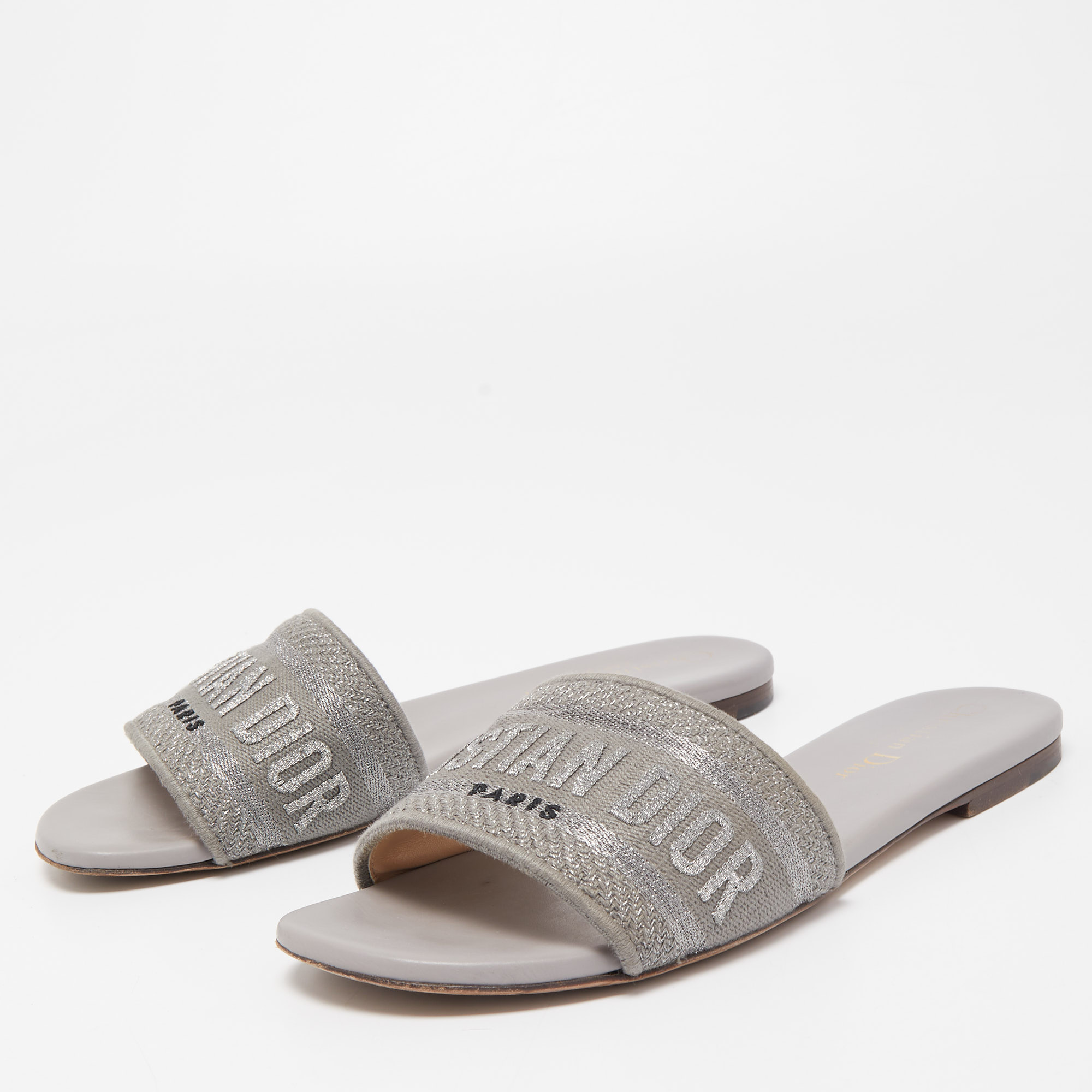 

Dior Metal Grey Canvas Dway Flat Slide Sandals Size