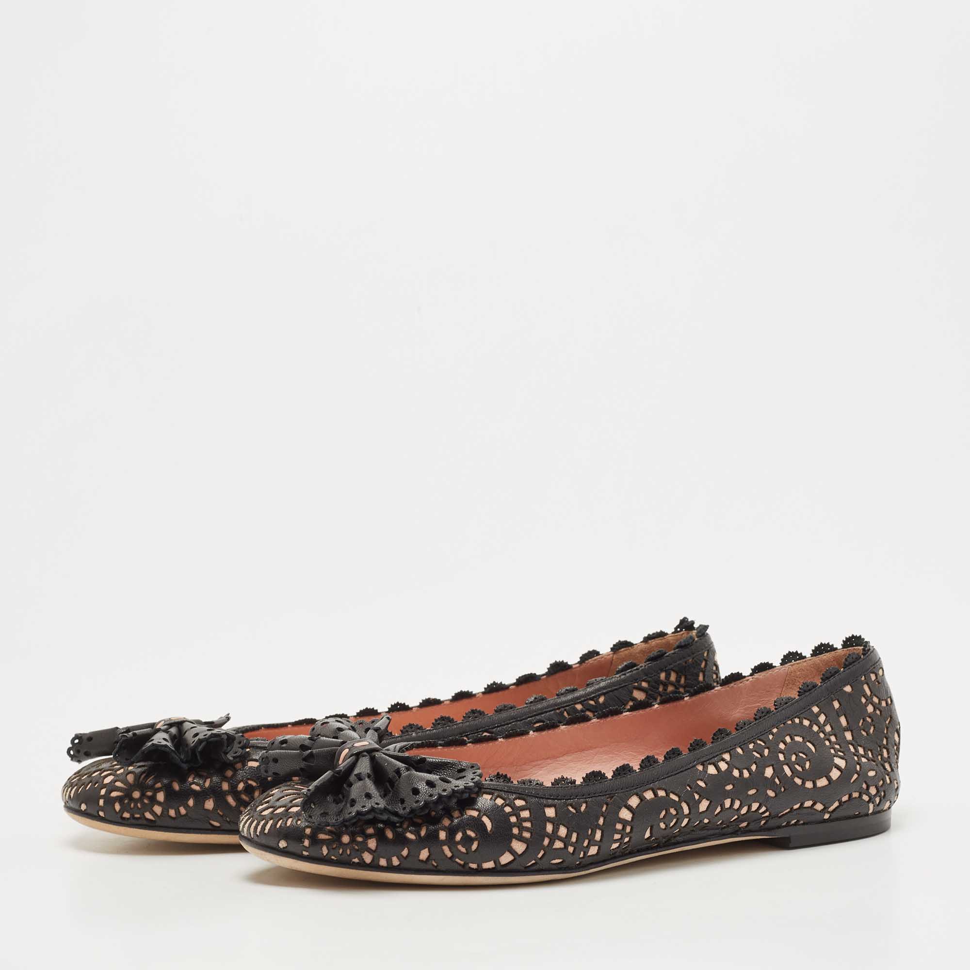 

Dior Black/Pink Laser Cut Leather Bow Ballet Flats Size