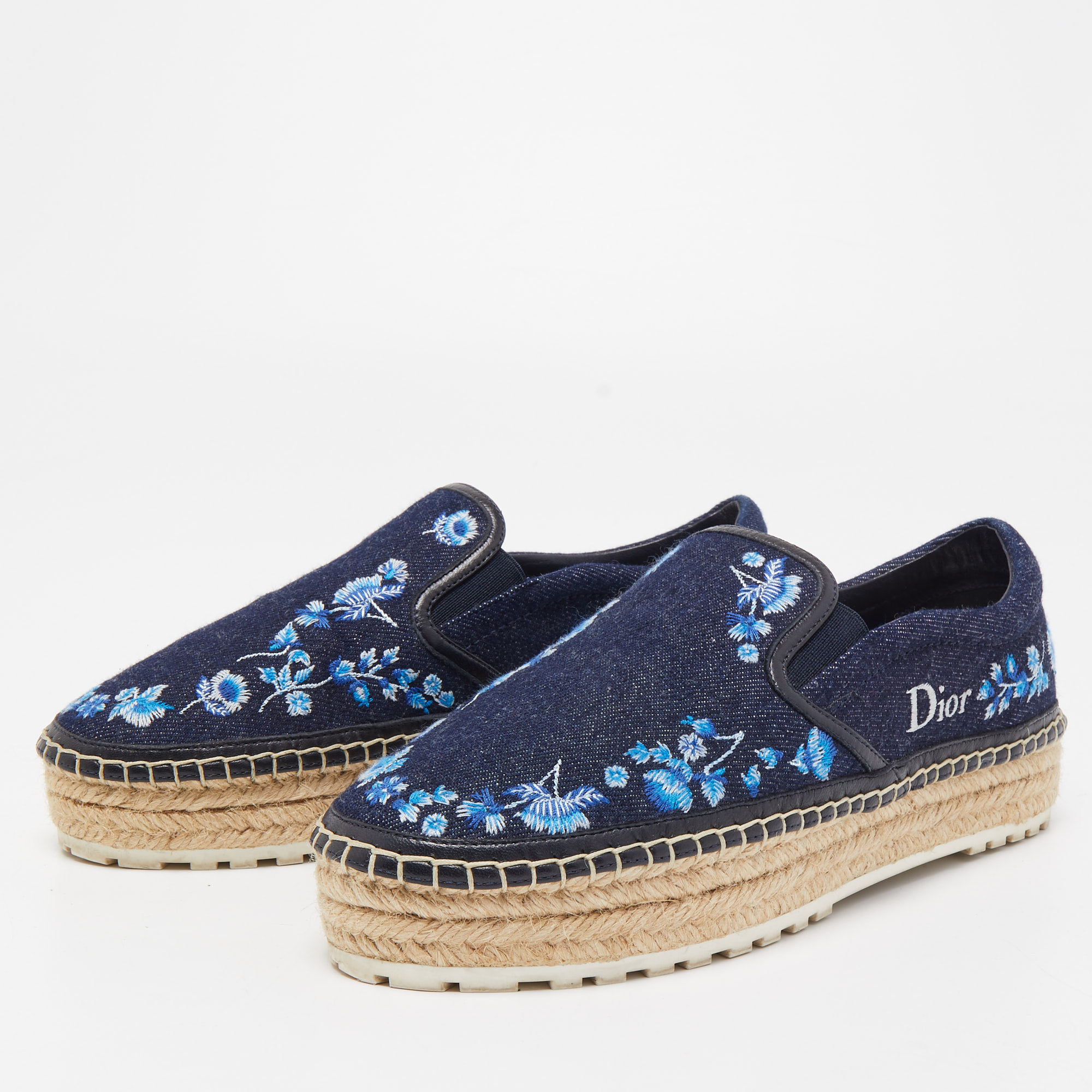 

Dior Blue Floral Embroidered Denim Prairie Espadrille Sneakers Size