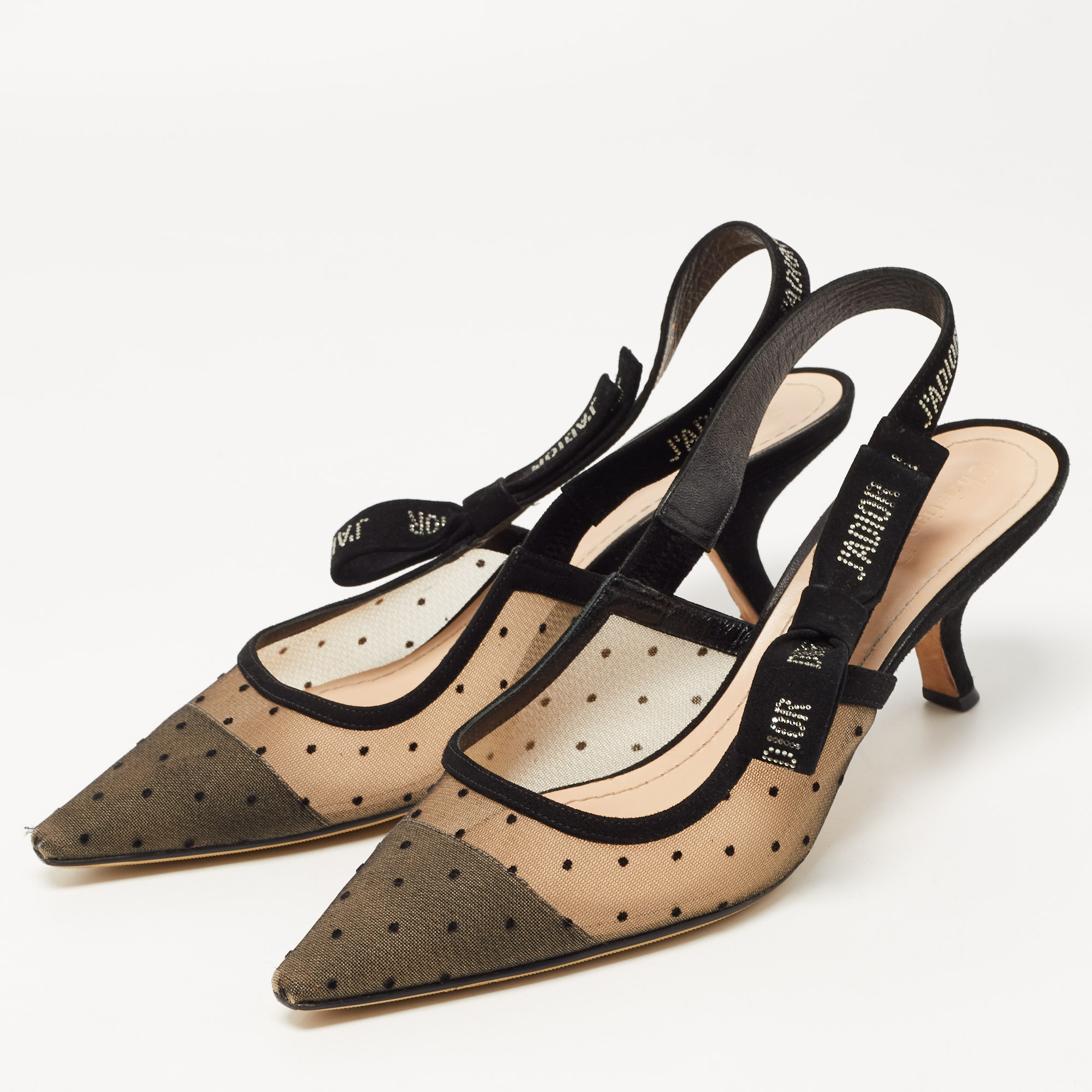 

Dior Black/Beige Polka Dot Mesh and Suede J'adior Slingback Pumps Size