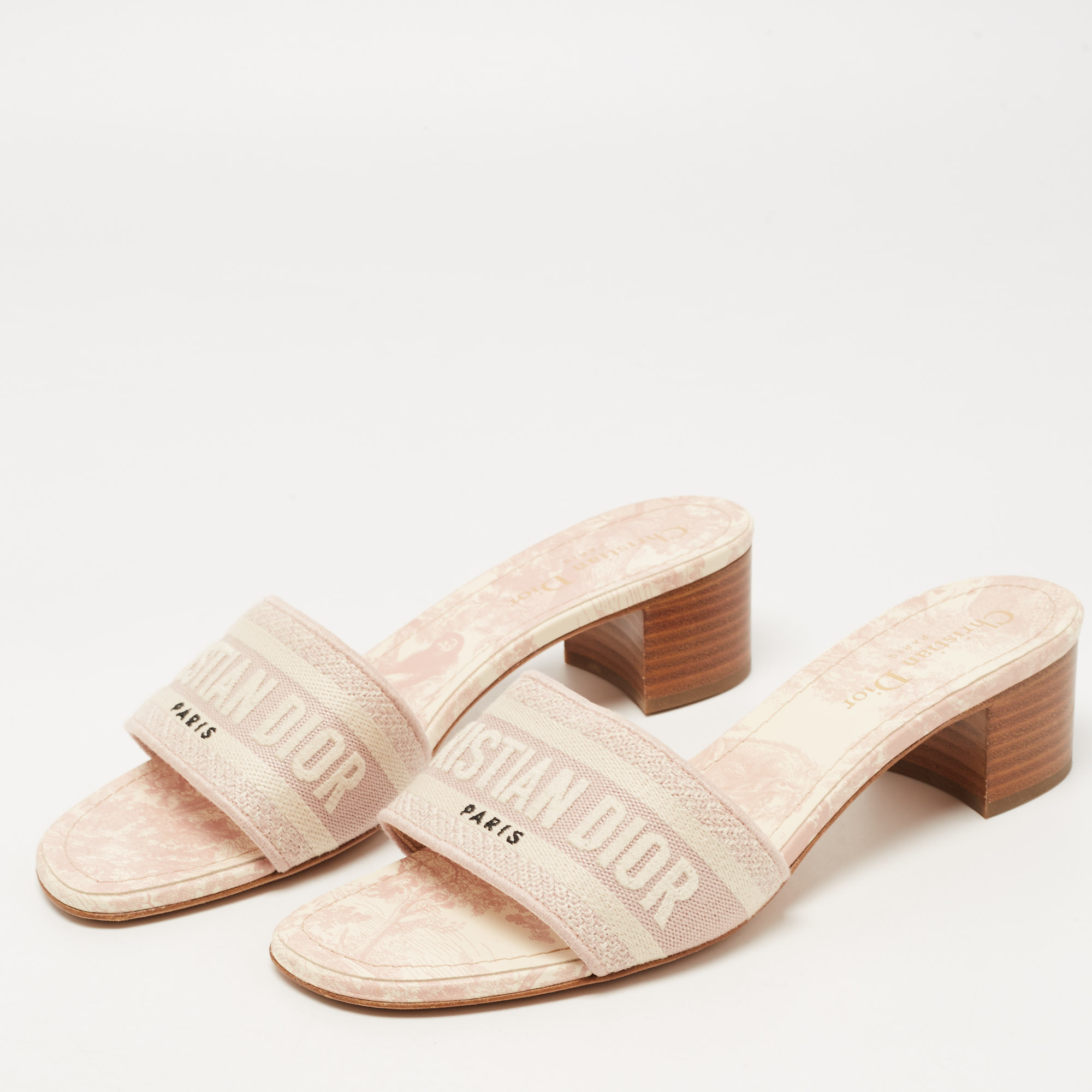 

Dior Pink/Off White Logo Embroidered Canvas Dway Slide Sandals Size