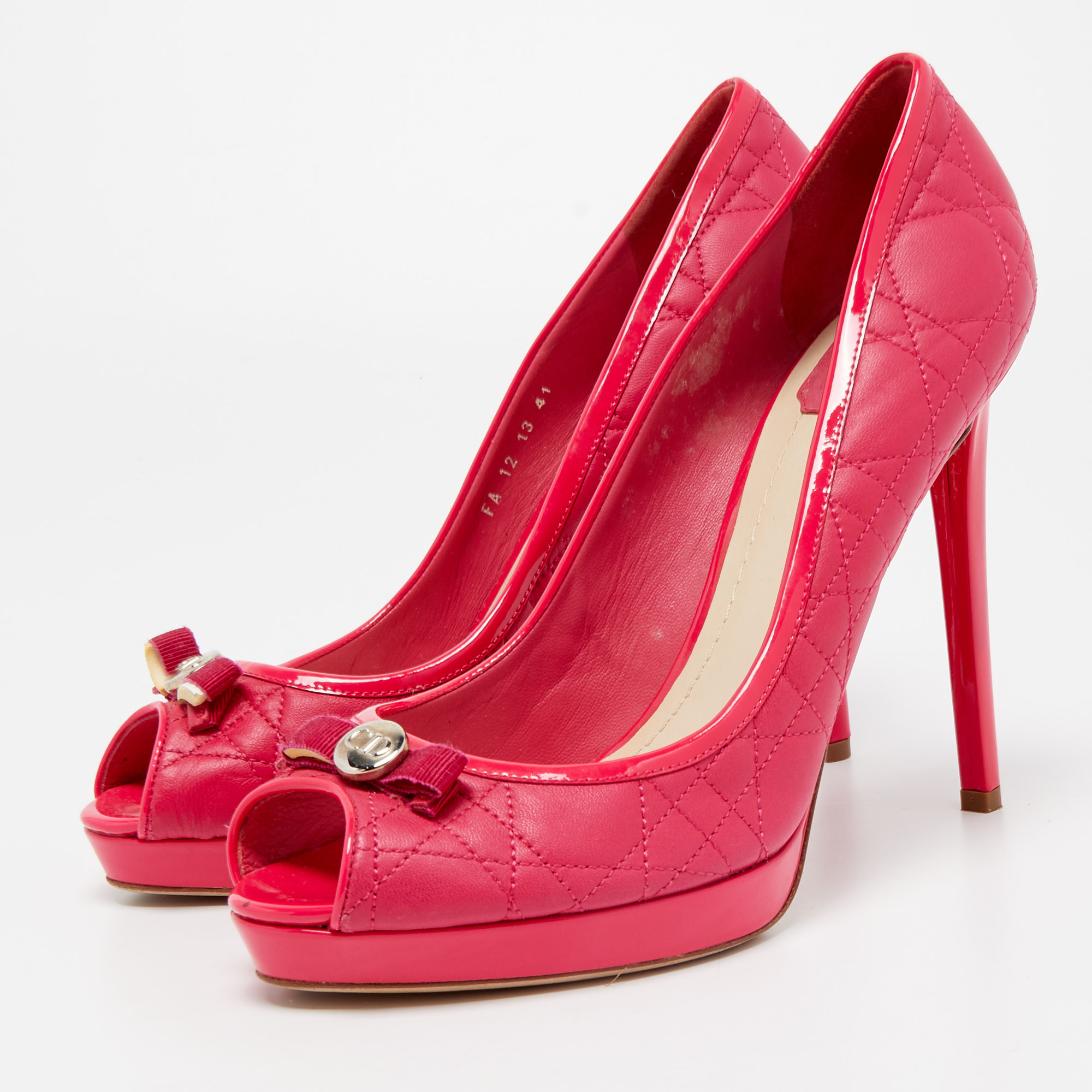 

Dior Pink Cannage Leather and Patent Bow Peep Toe Pumps Size