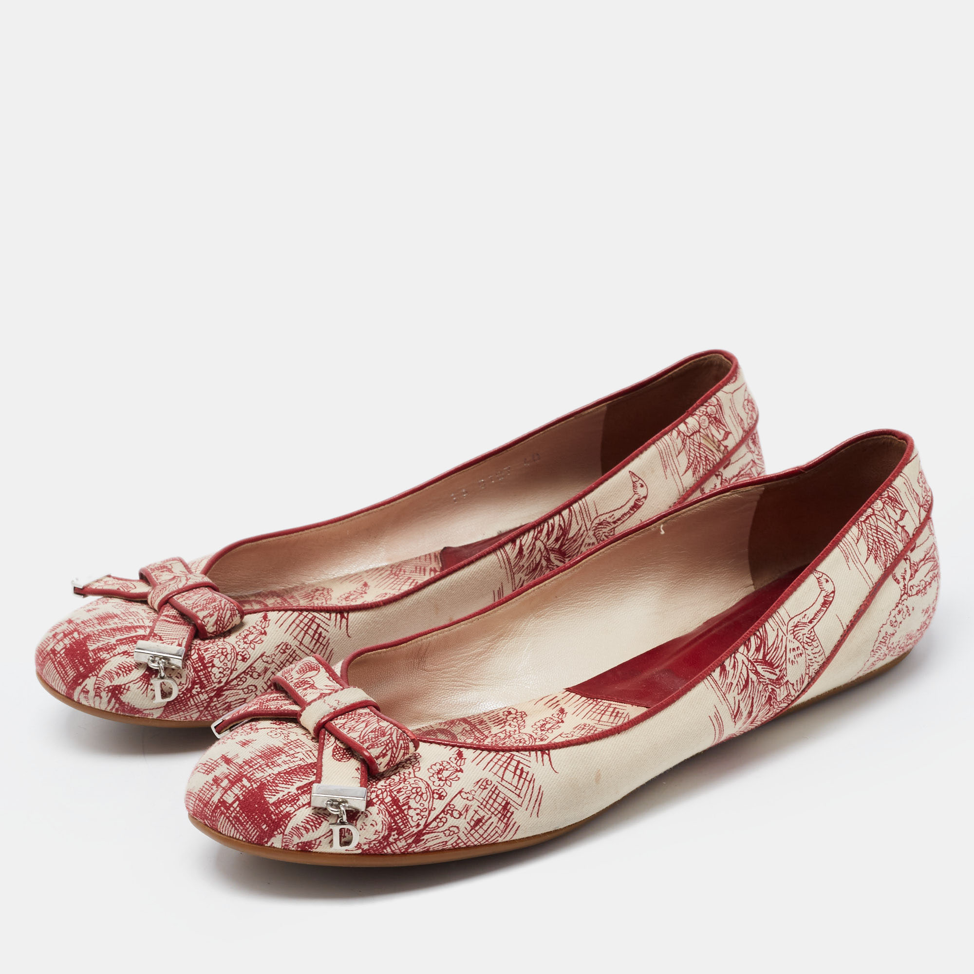 

Dior Burgundy/Beige Toile De Jouy Canvas Bow Ballet Flats Size