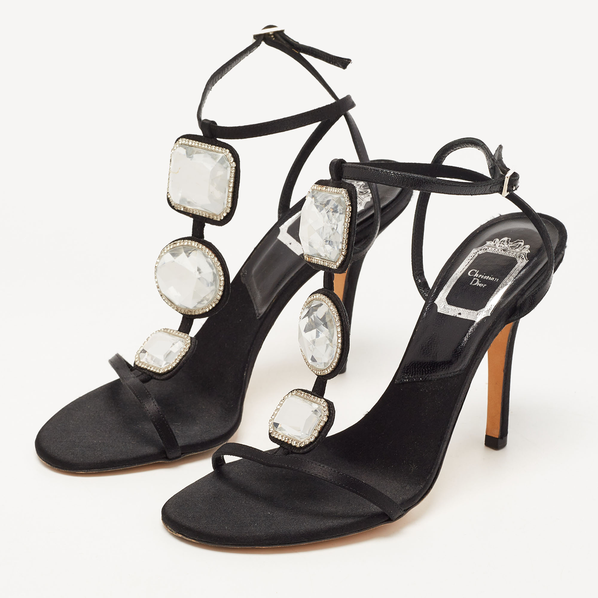 

Dior Black Satin Crystal Embellished T-Strap Sandals Size