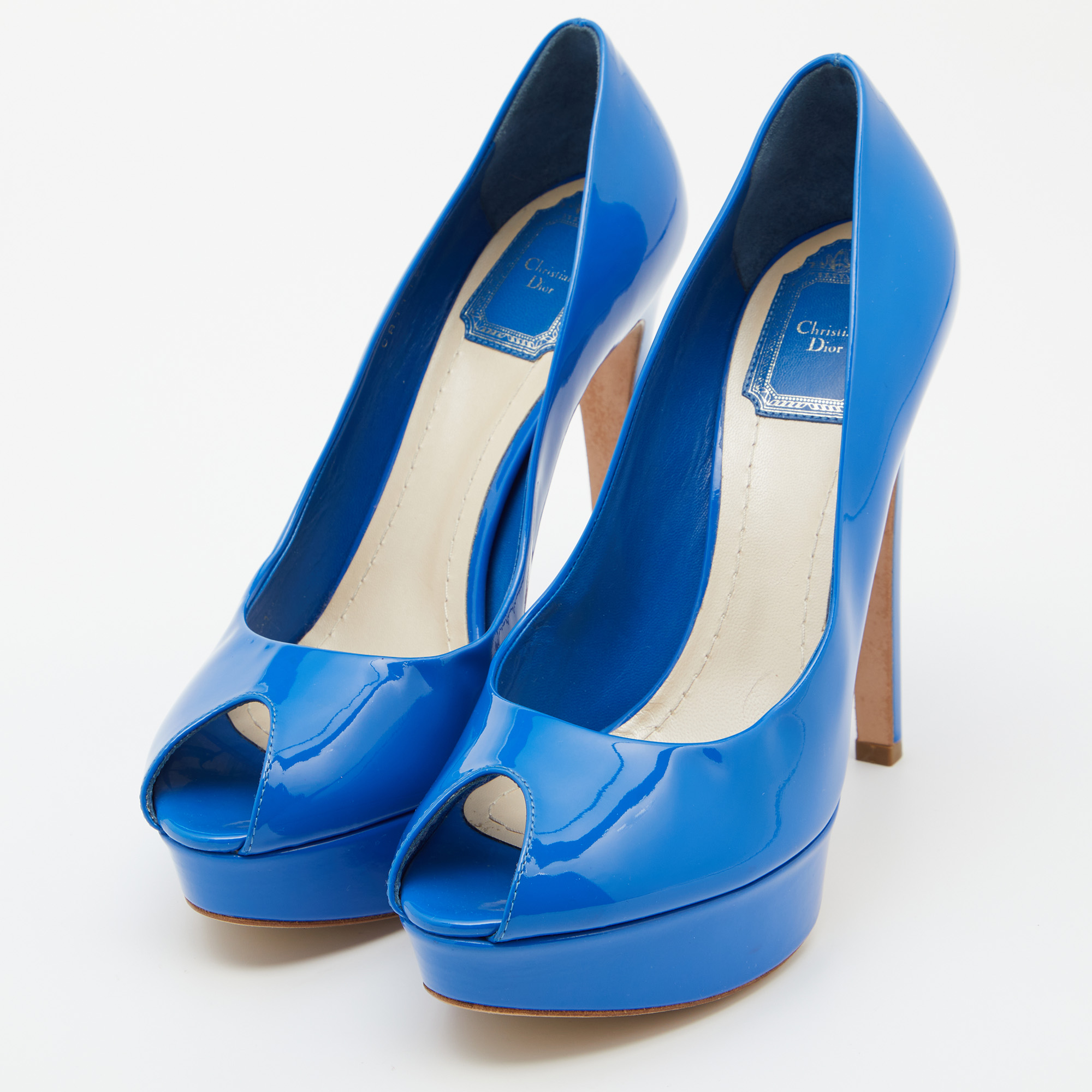 

Dior Blue Patent Leather Miss Dior Peep Toe Platform Pumps Size