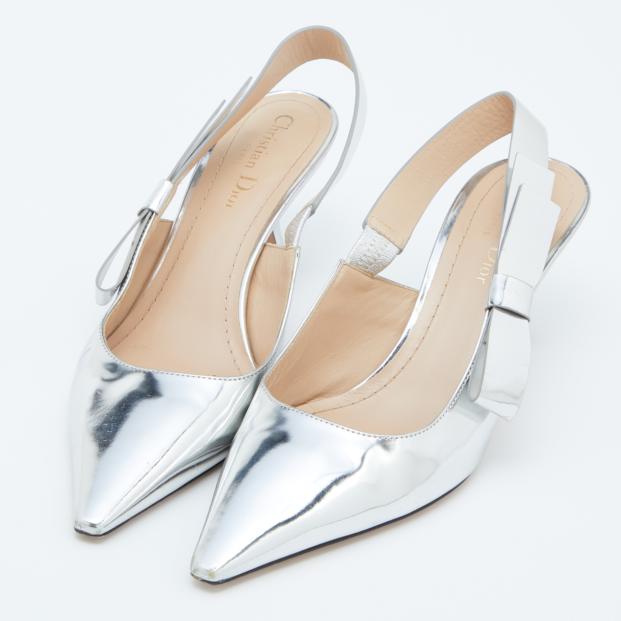 

Dior Silver Patent Leather Jadior Slingback Pumps Size