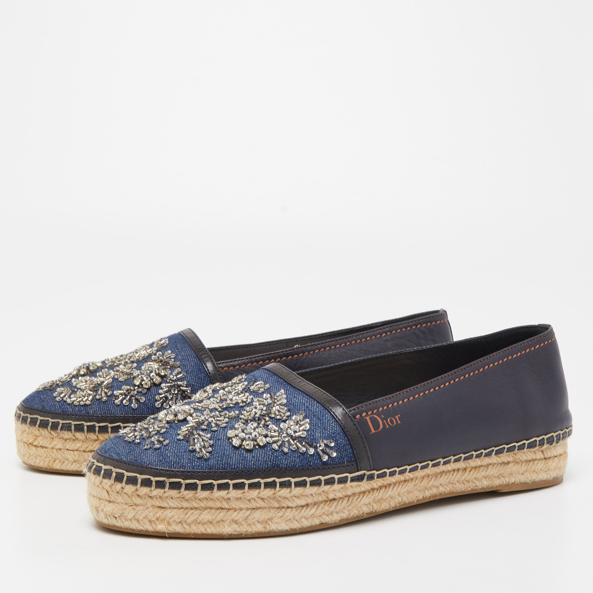 

Dior Blue Leather and Canvas Crystal Embellished Flat Espadrilles Size