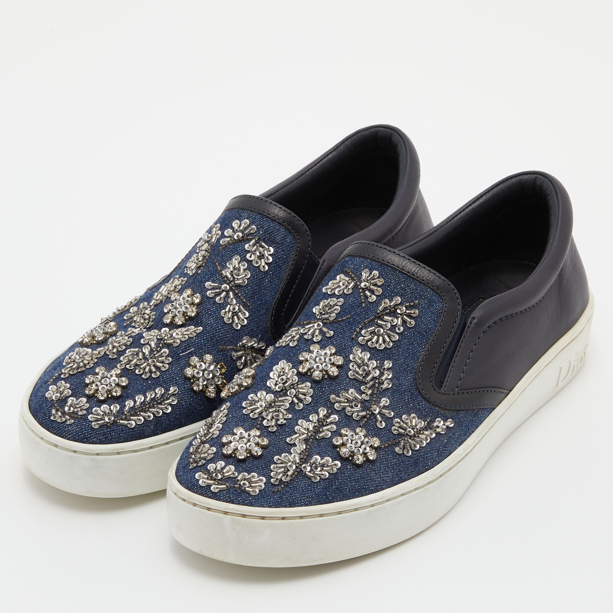

Dior Blue/Black Denim and Leather Happy Crystals Slip On Sneakers Size