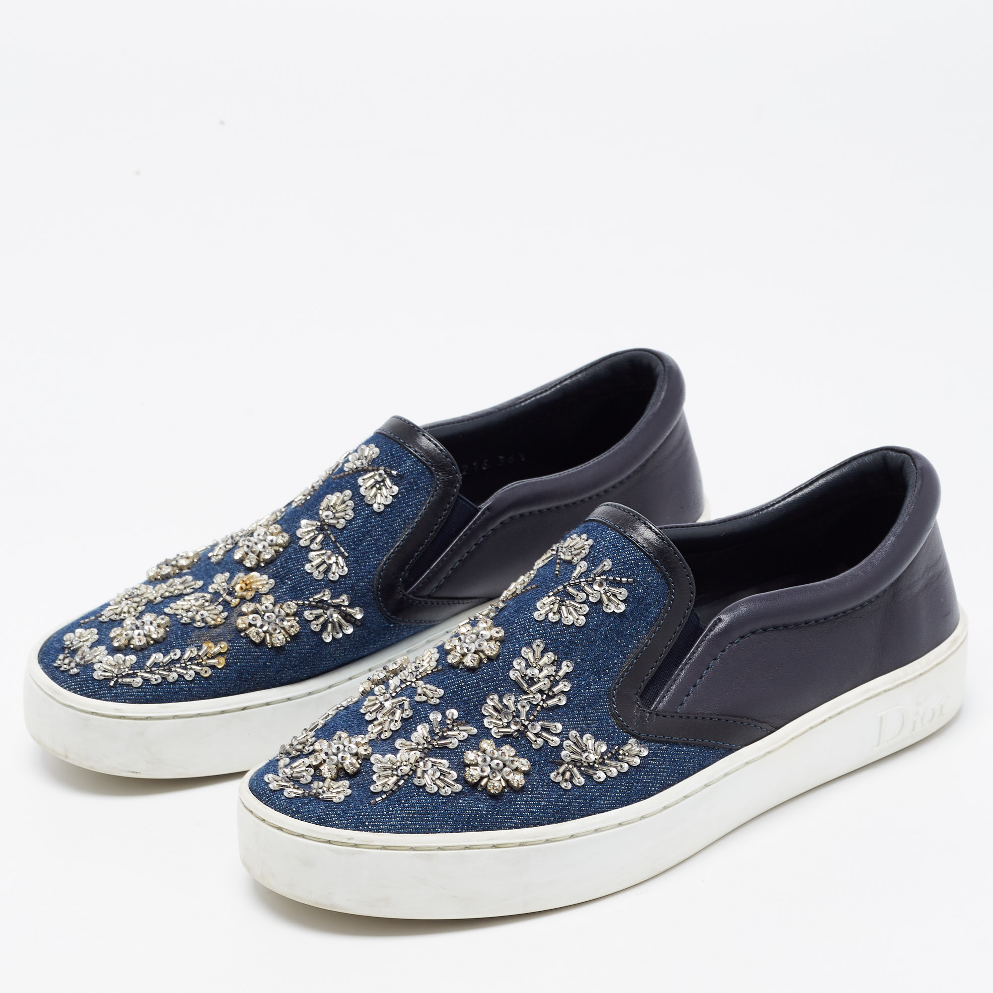 

Dior Navy Blue Crystal Embellished Denim and Leather Happy Sneakers Size