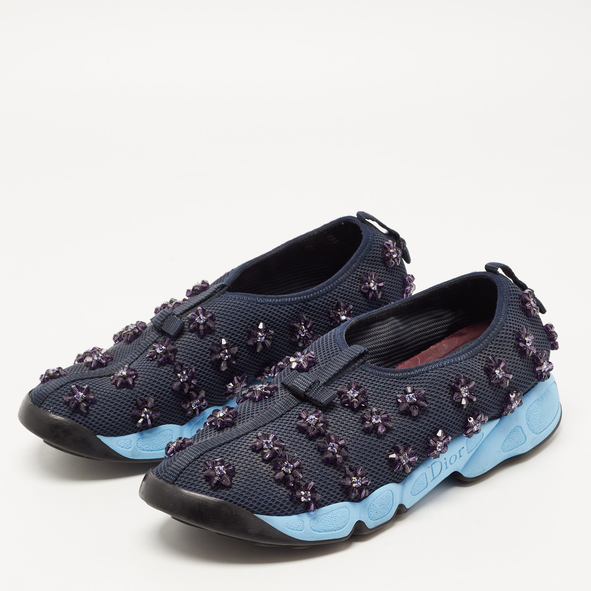 

Dior Navy Blue Mesh Fusion Floral Embellished Slip On Sneakers Size