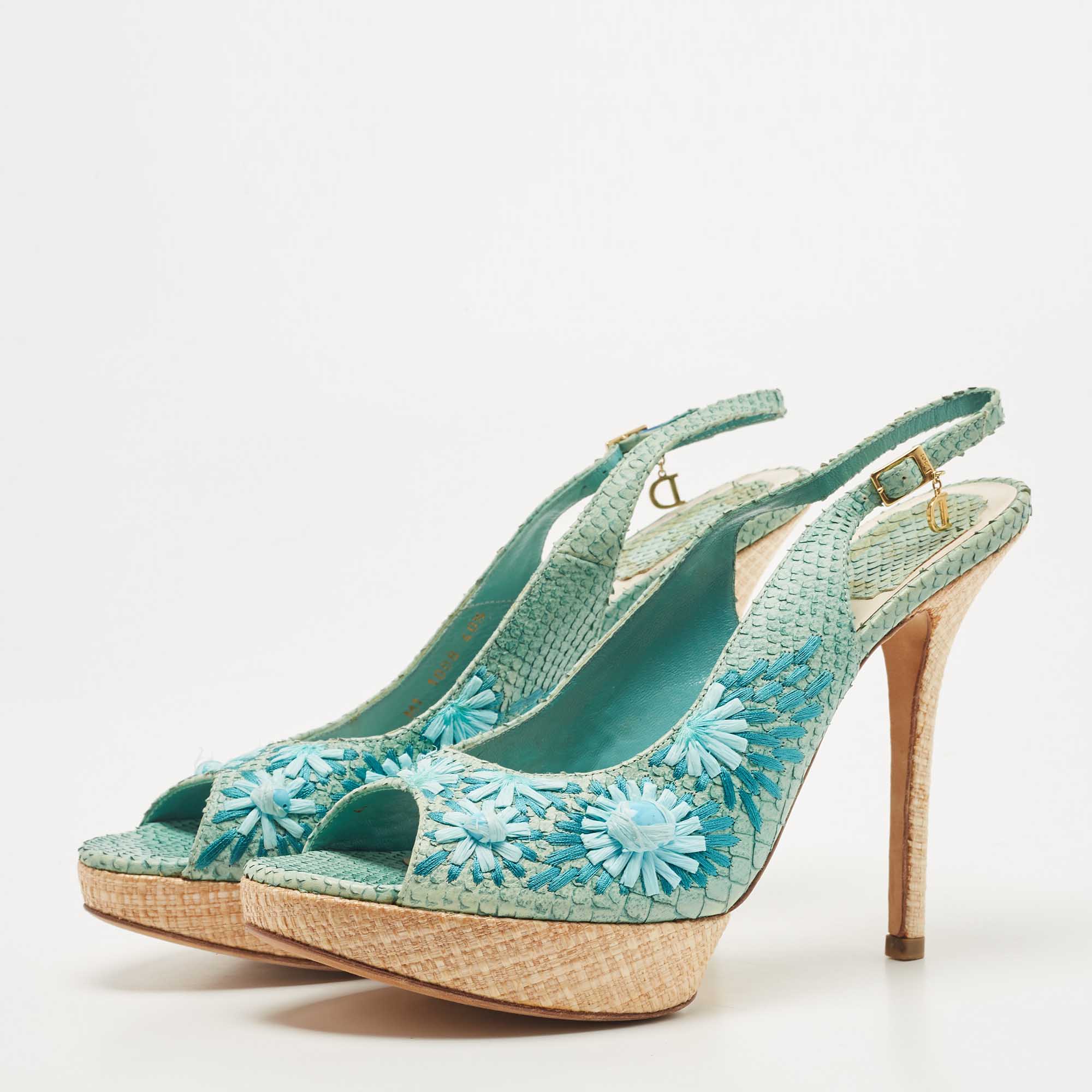 

Dior Blue Snakeskin Leather and Floral Straw Logo Charm Slingback Peep Toe Sandals Size