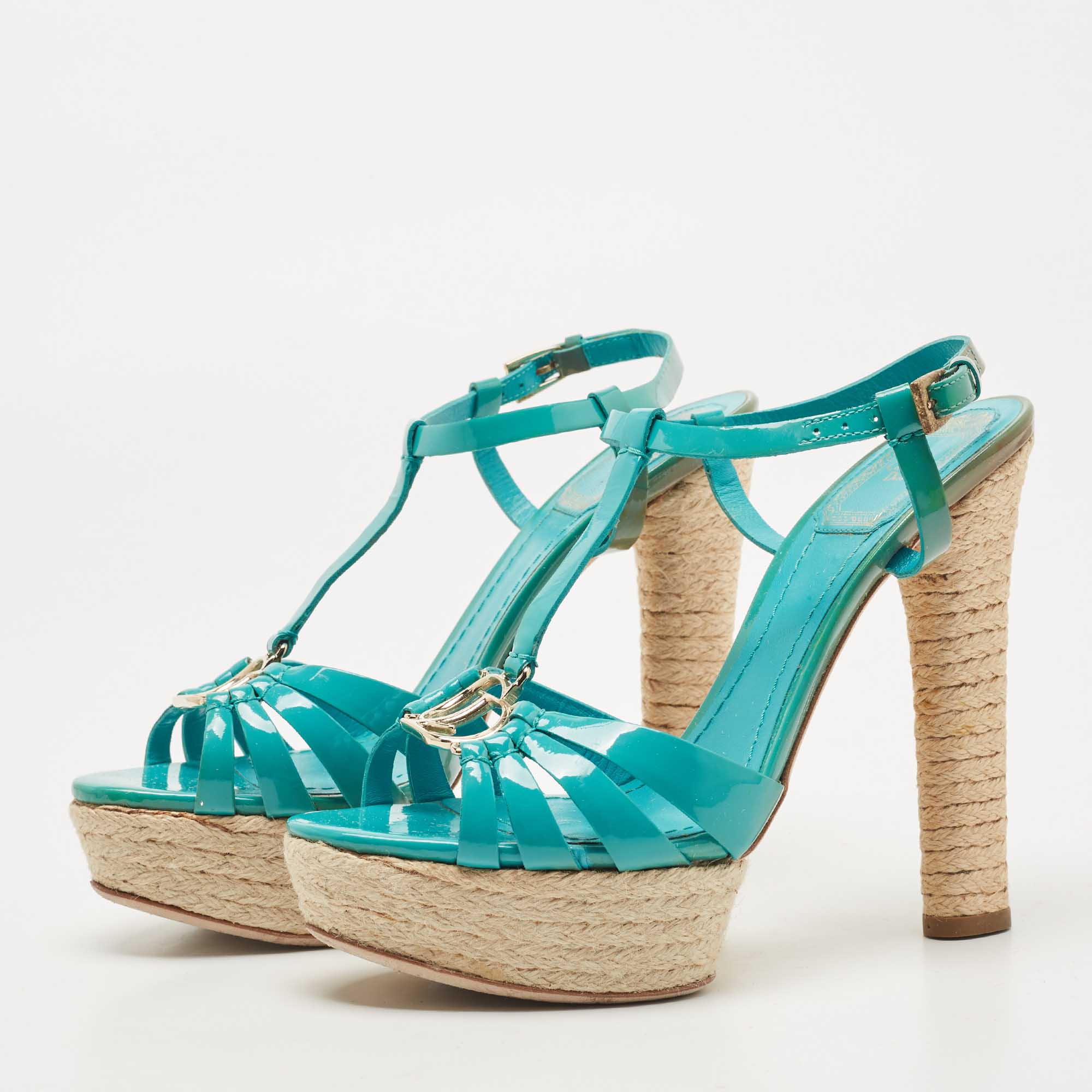 

Dior Turquoise Patent Leather CD Buckle Espadrille Platform Strappy Sandals Size, Blue