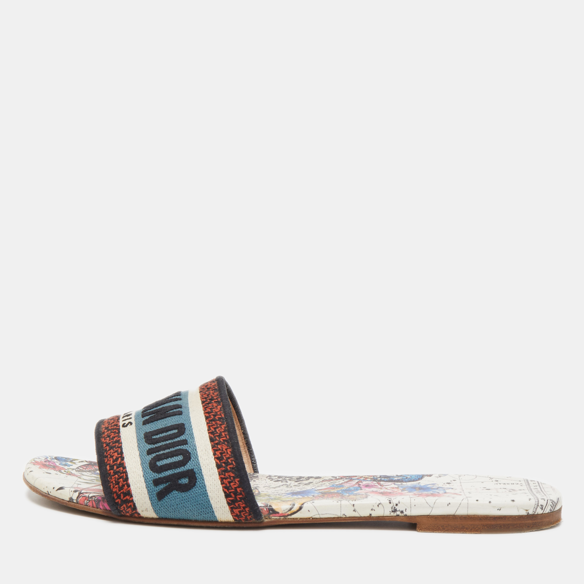Dior Tricolor Logo Embroidered Canvas Dway Flat Slides Size 38.5