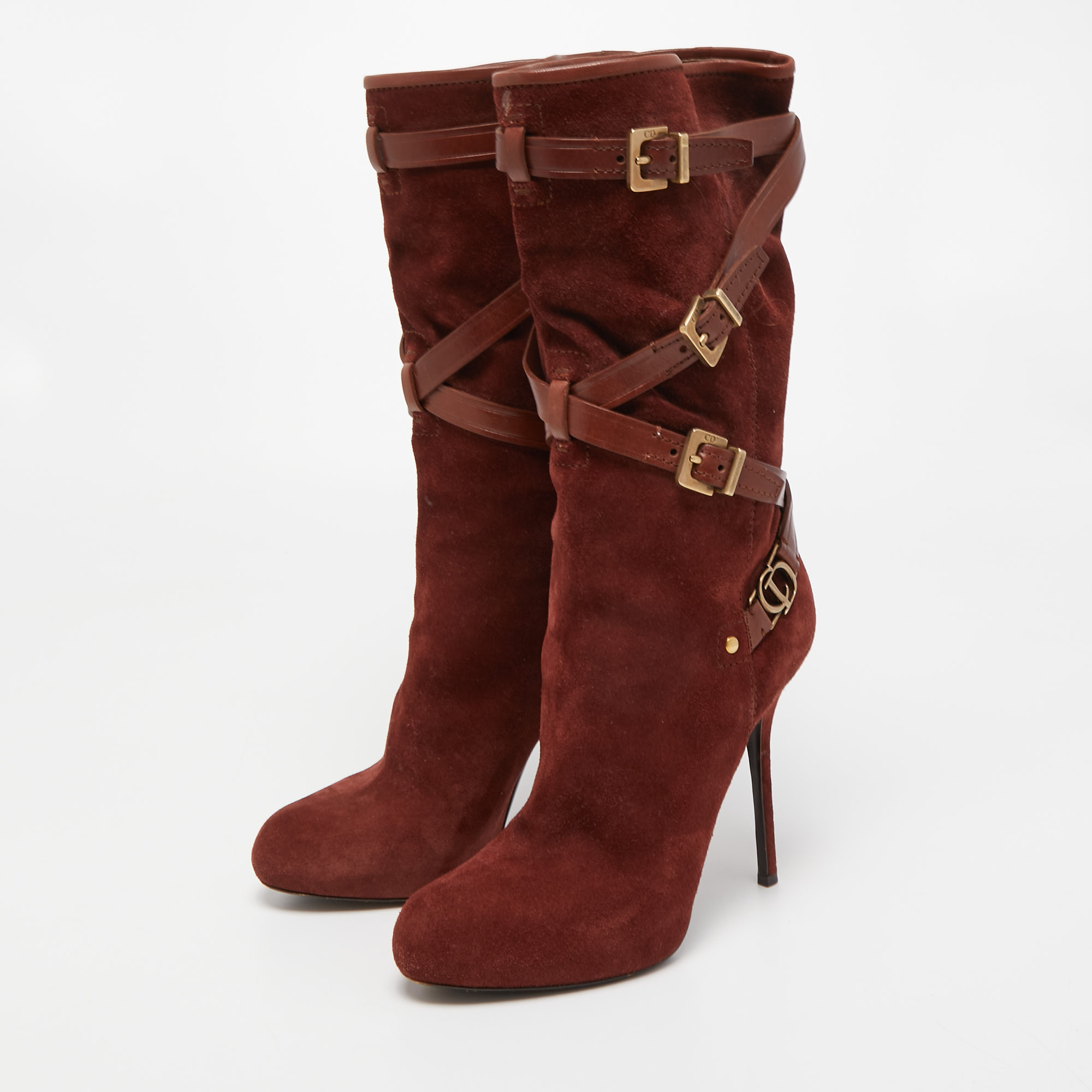 

Dior Brown Suede and Leather Buckle Detail Mid Calf Boots Size