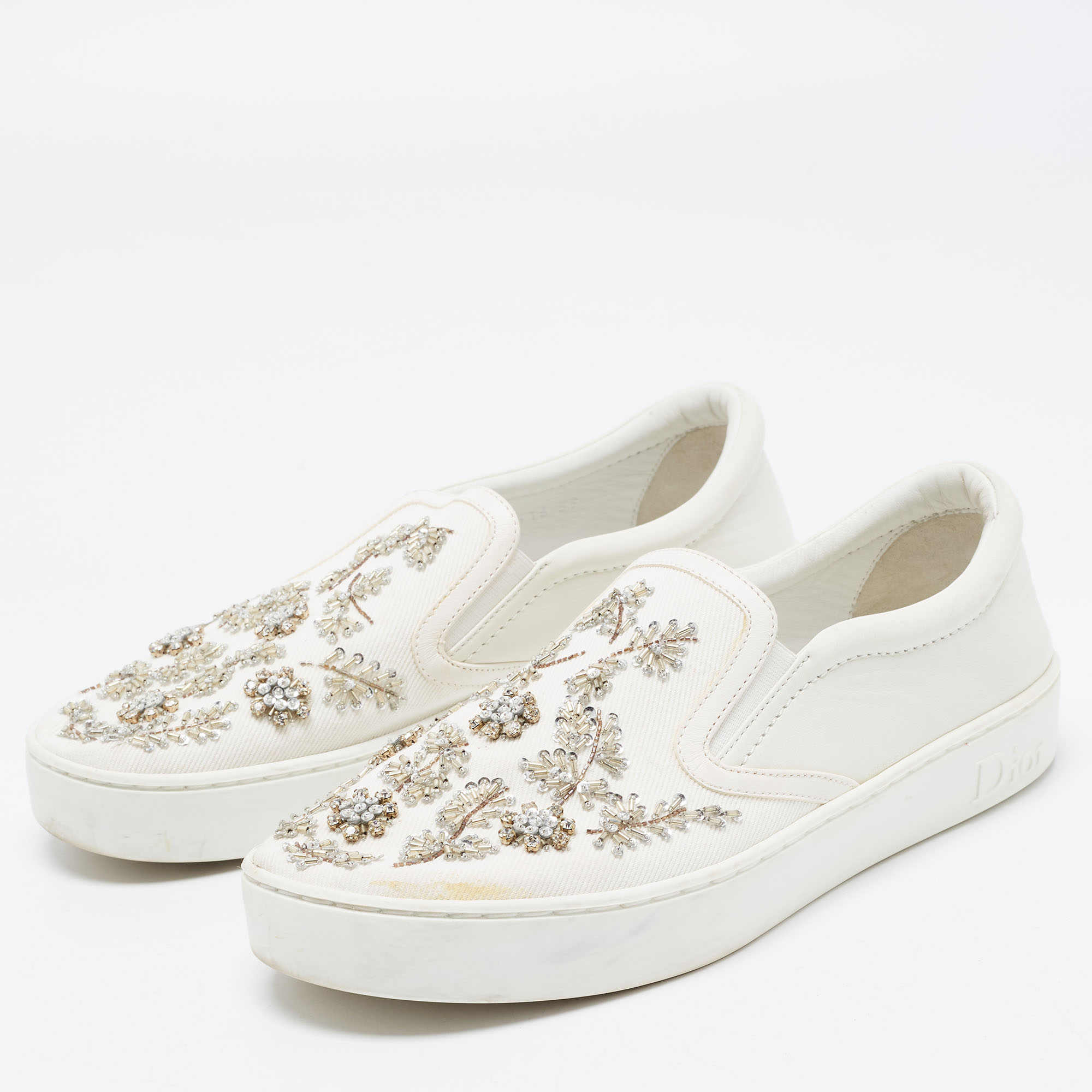 

Dior White Leather and Canvas Crystal Embellished Slip On Sneakers Size