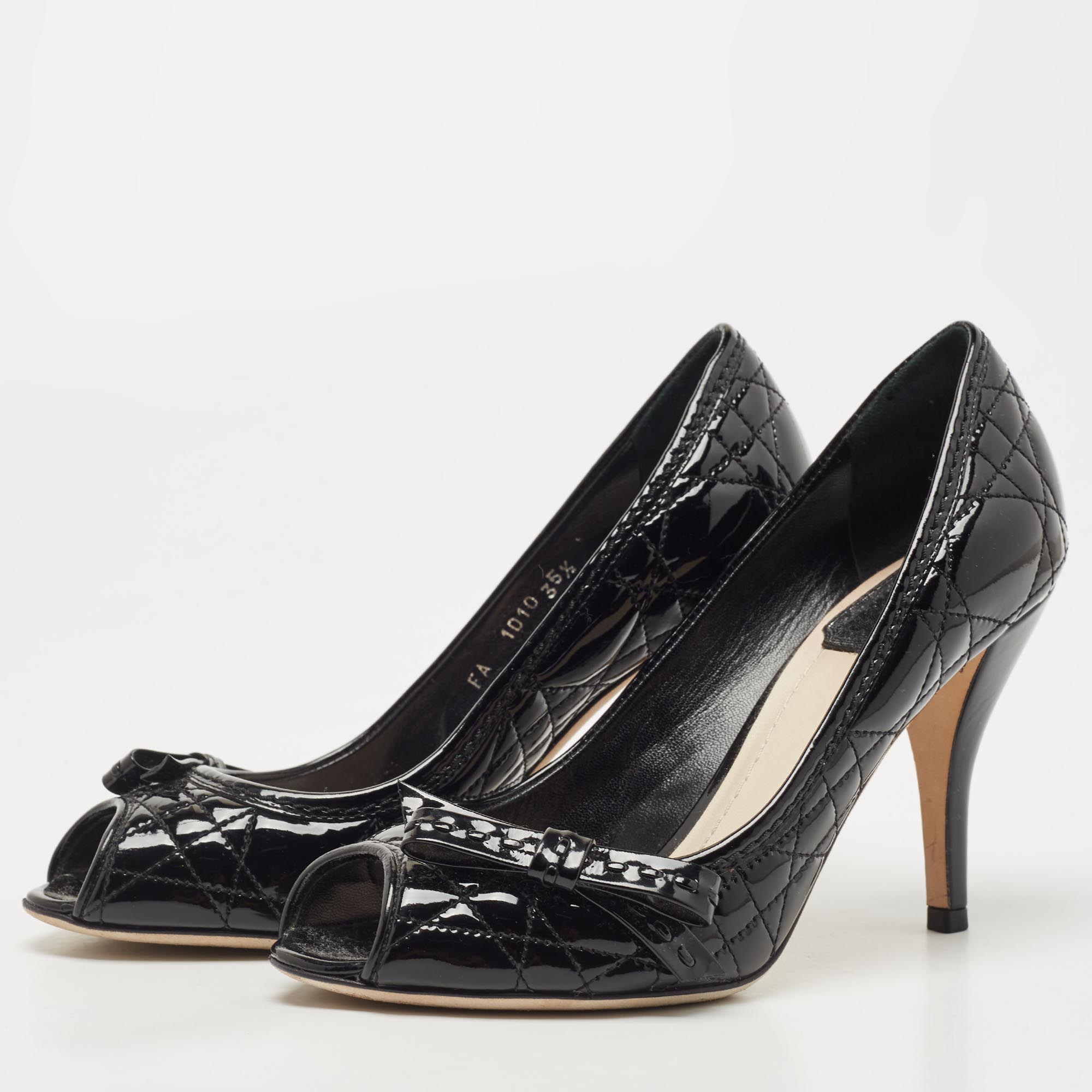 

Dior Black Cannage Patent Leather Miss Dior Bow Peep Toe Pumps Size