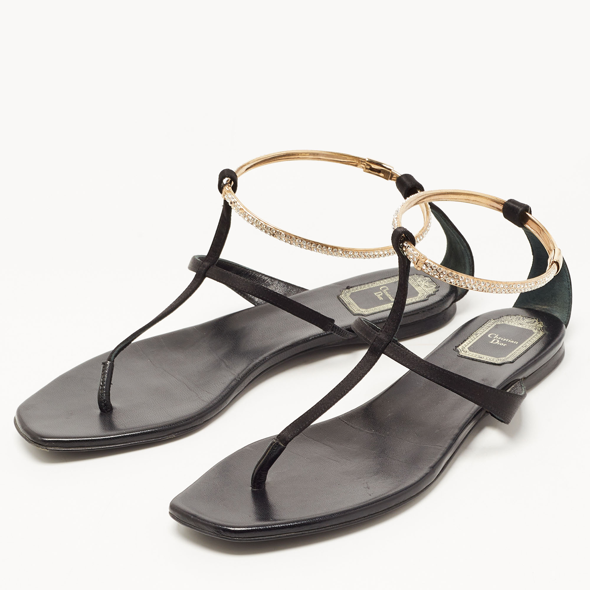 

Dior Black Satin Embellished T Strap Flat Sandals Size