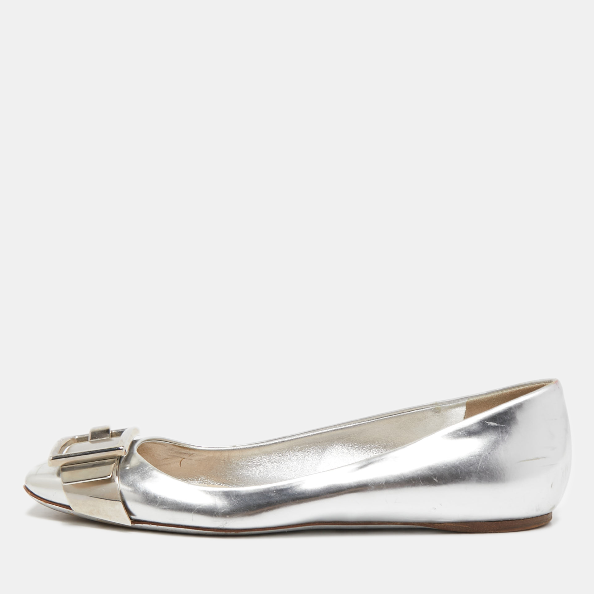 Pre-owned Dior Silver Leather Bow Ballet Flats Size 38