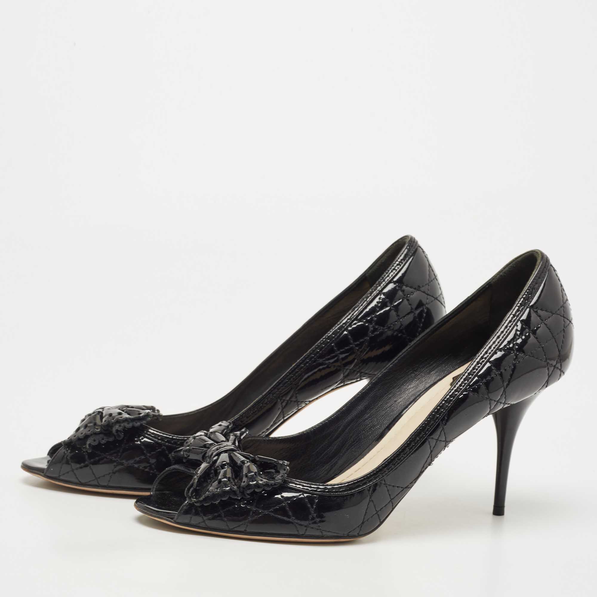 

Dior Black Cannage Patent Leather Bow Peep Toe Pumps Size