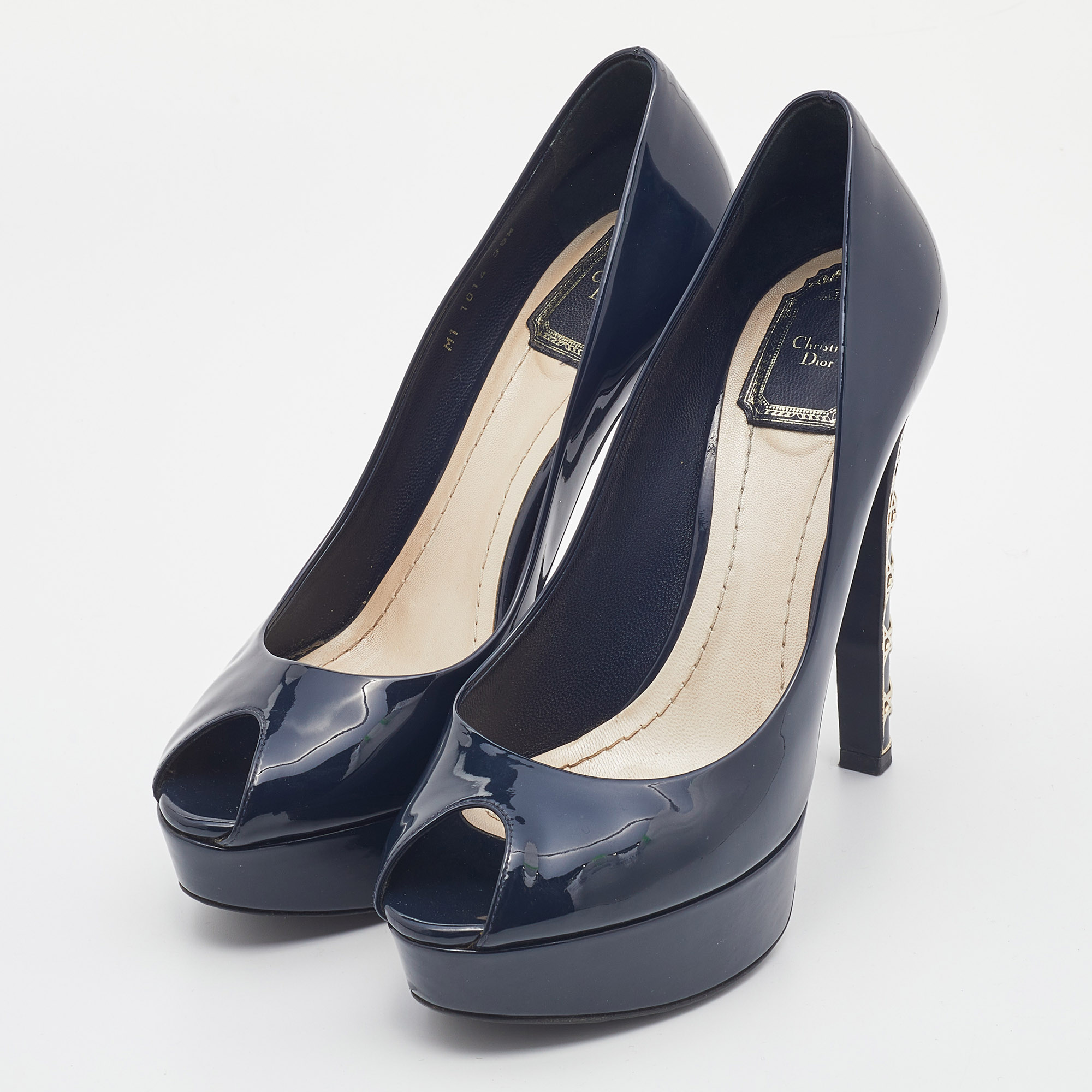 

Dior Navy Blue Patent Leather Peep Toe Cannage Heel Platform Pumps Size