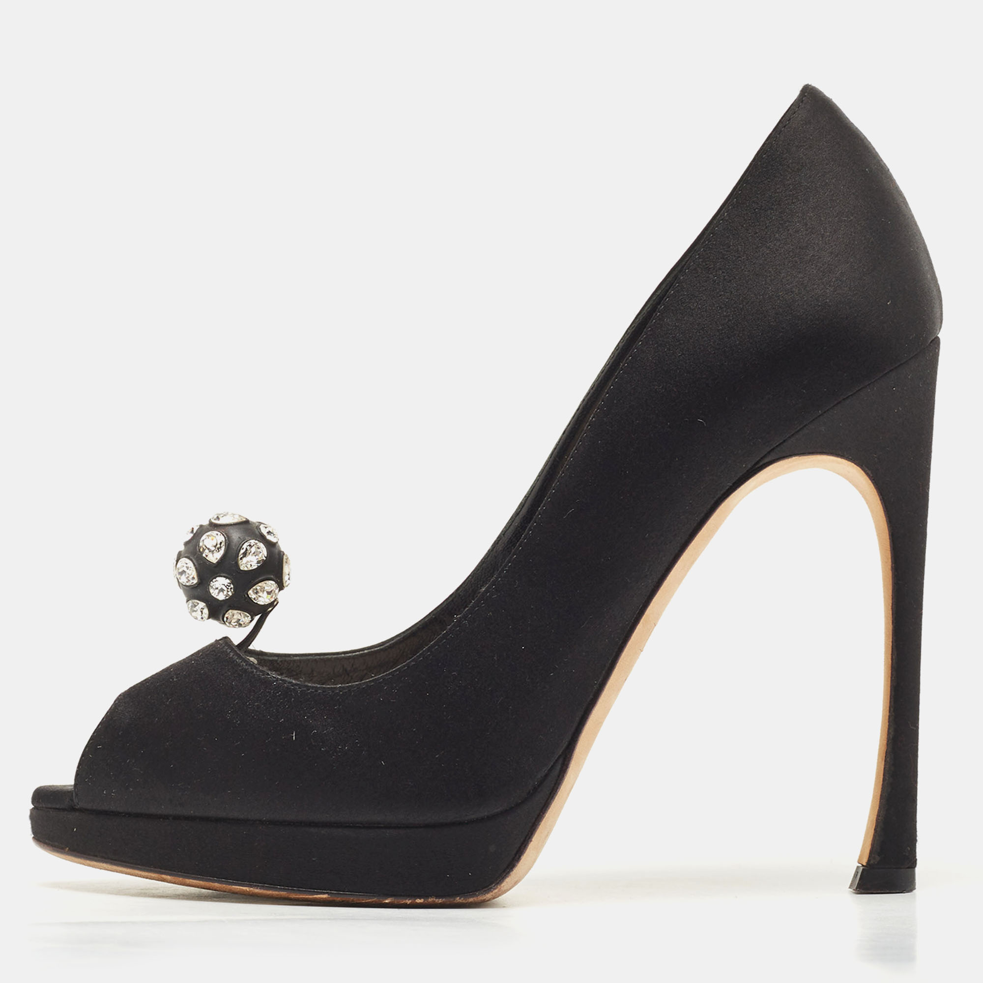 Pre-owned Dior Black Satin Crystal Embellished Peep Toe Pumps Size 39