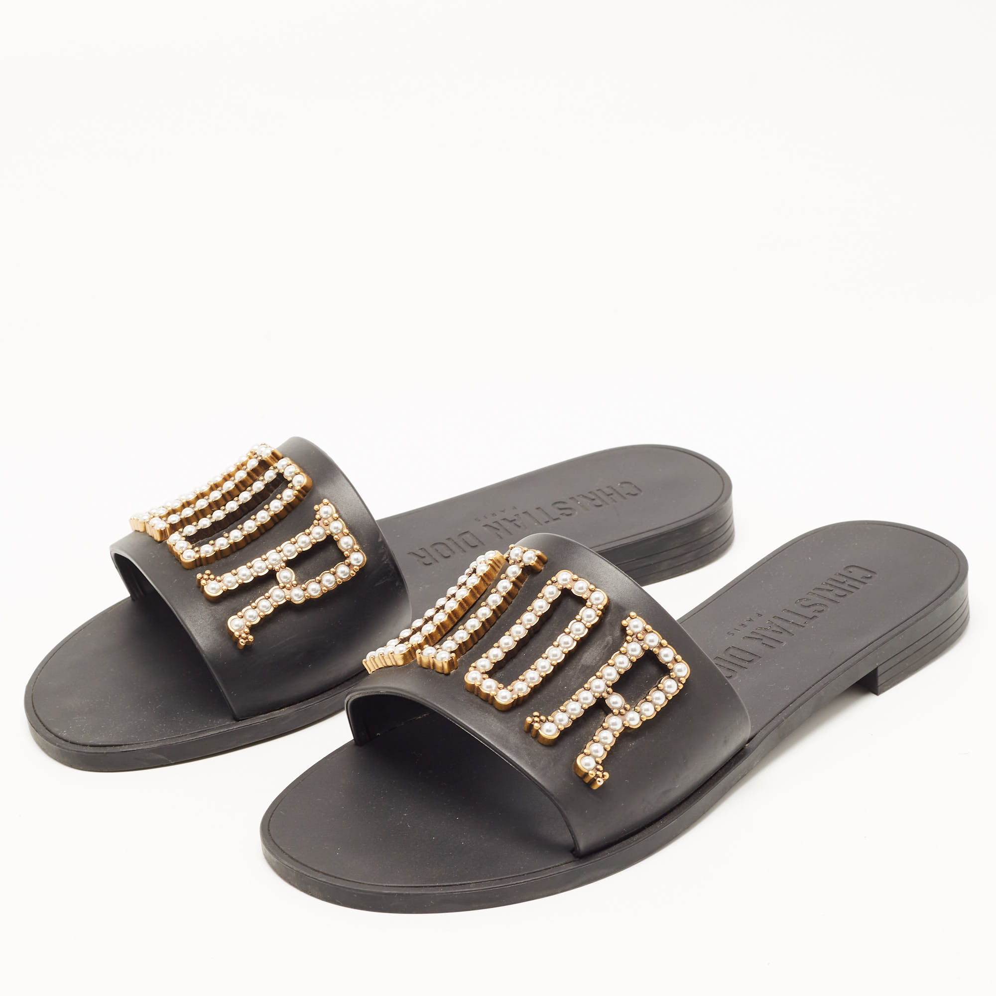 

Dior Black Rubber Faux Pearl Diorevolution Flat Slides Size