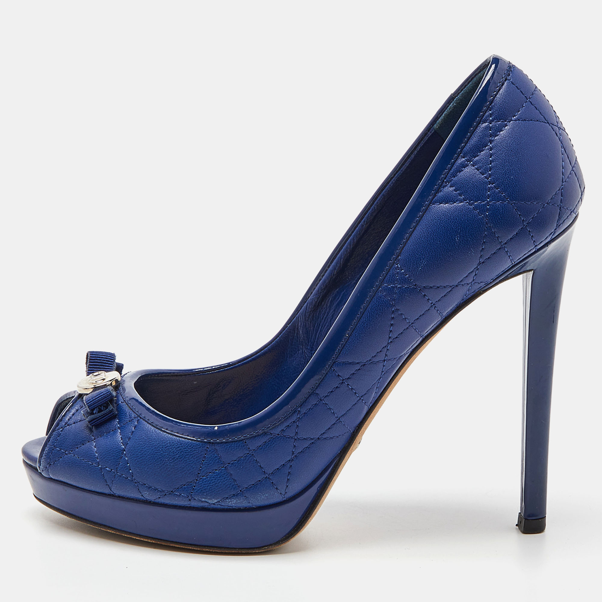 

Dior Blue Cannage Leather and Patent Bow Peep Toe Platform Pumps Size
