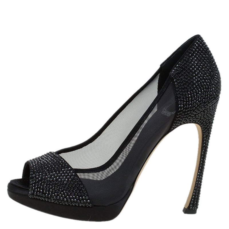 

Dior Black Mesh and Crystal Coated Satin Peep Toe Pumps Size