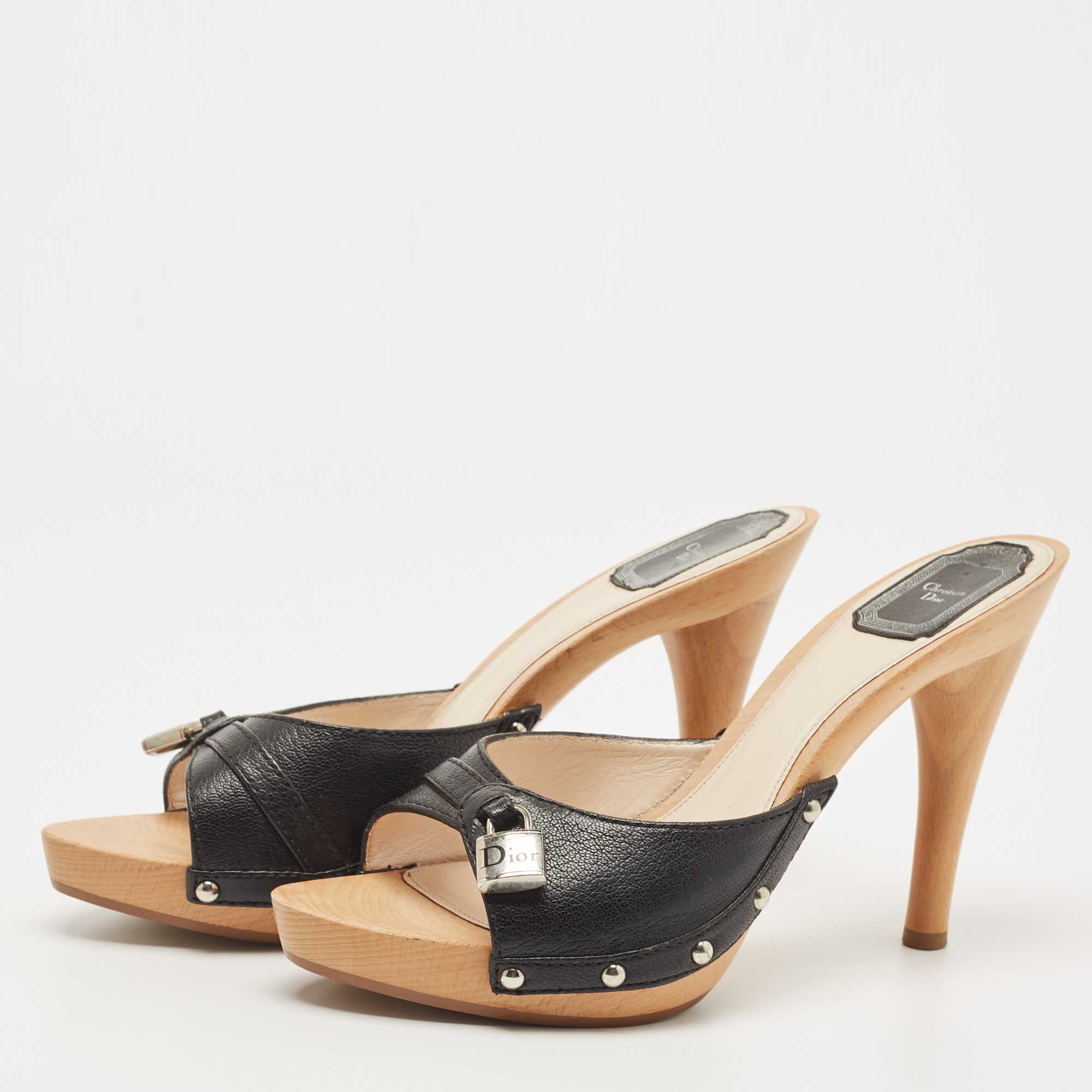 

Dior Black Leather Lock Charm Wooden Clogs Size