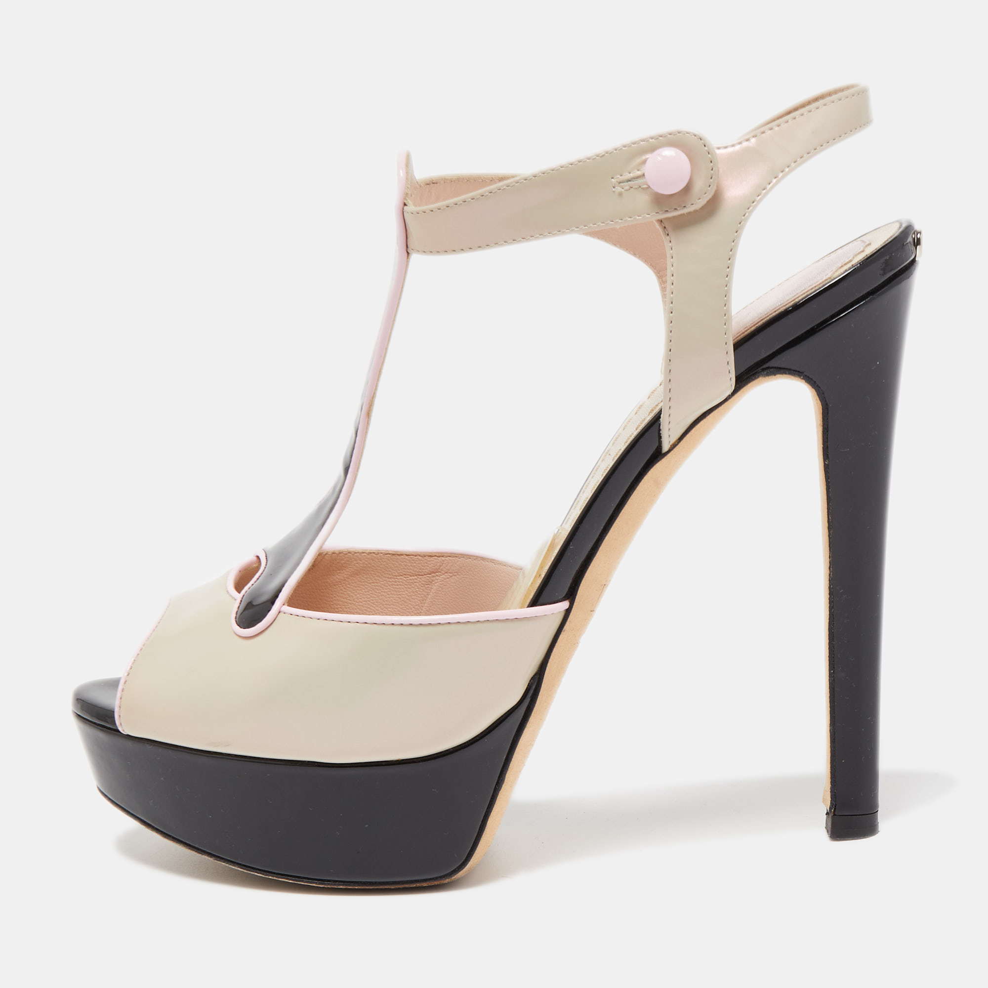 Pre-owned Dior Cream/black Patent And Leather Platform Ankle Strap Sandals Size 37.5 In Multicolor
