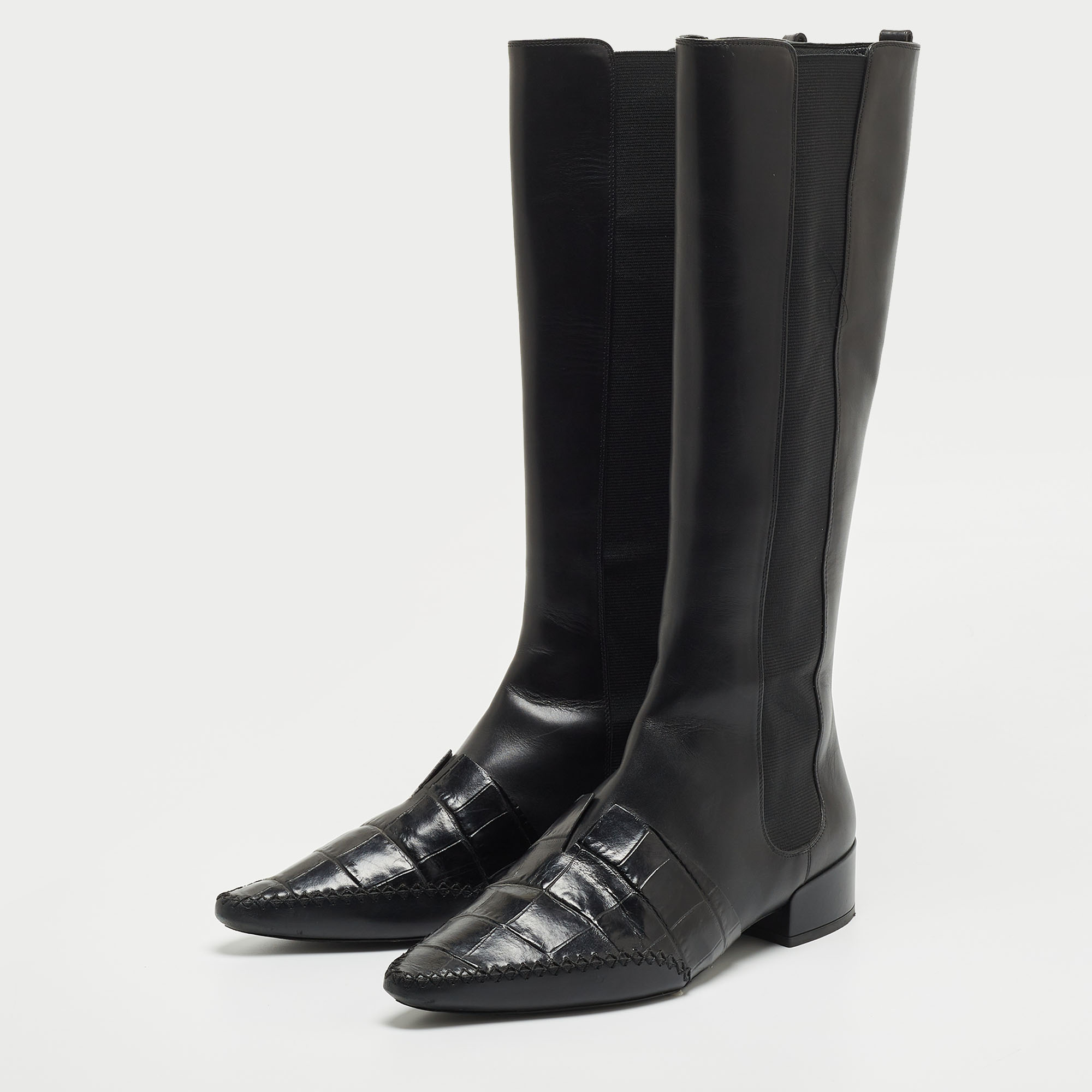 

Dior Black Leather Croc Embossed and Leather Knee Length Boots Size