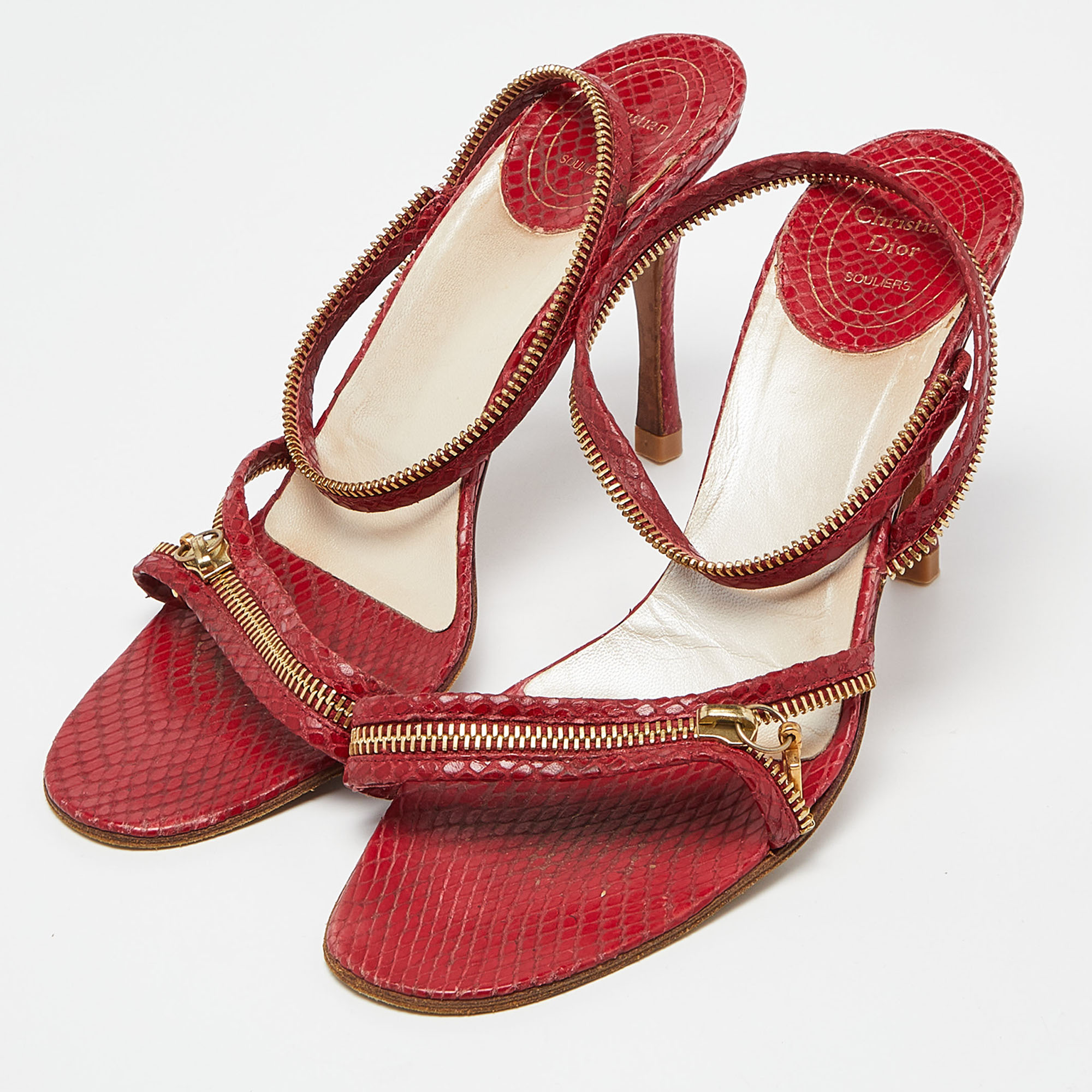 

Dior Red Python Embossed Leather Chain Ankle Strap Sandals Size