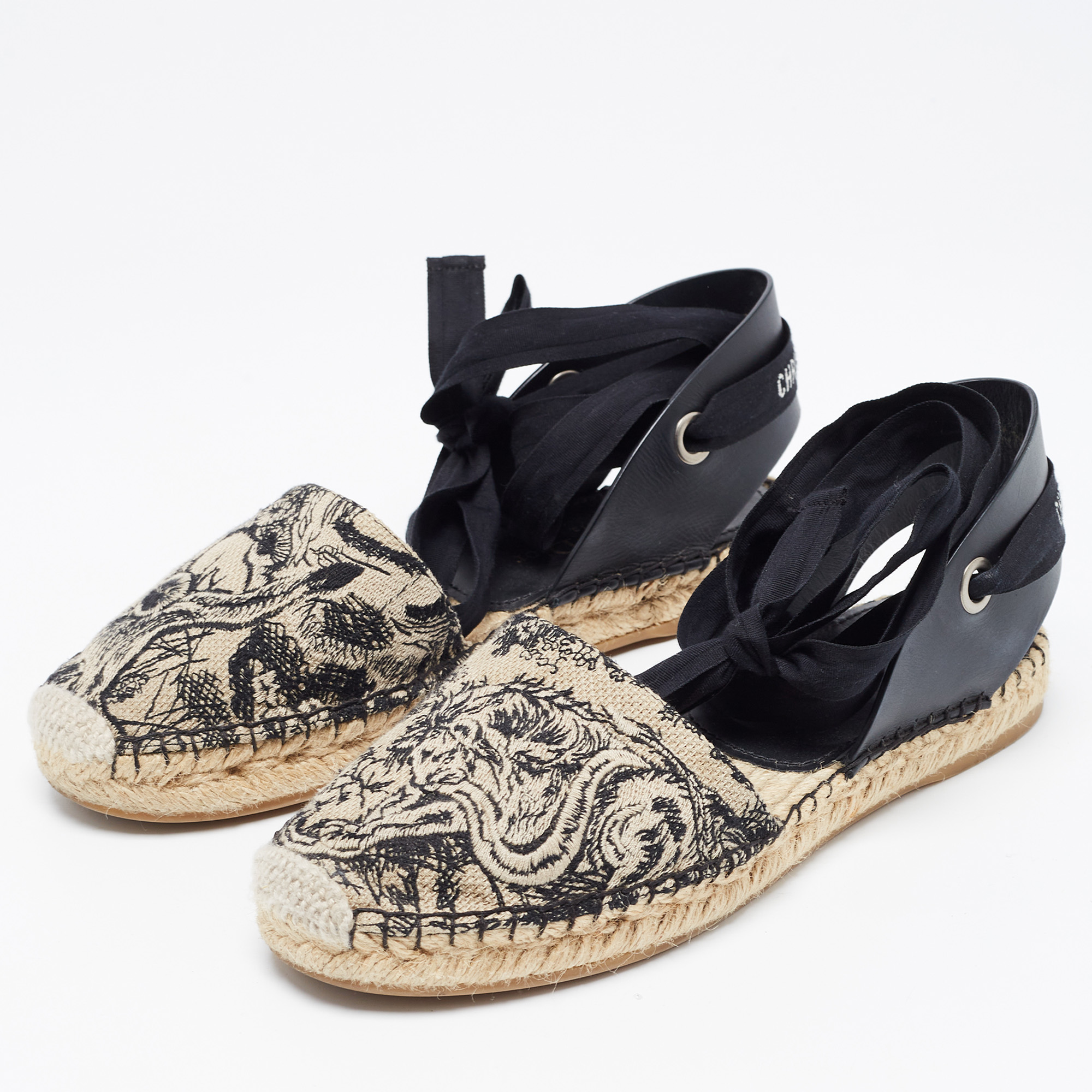 

Dior Black/Beige Embroidered Canvas and Leather Ankle Tie Espadrille Flats Size