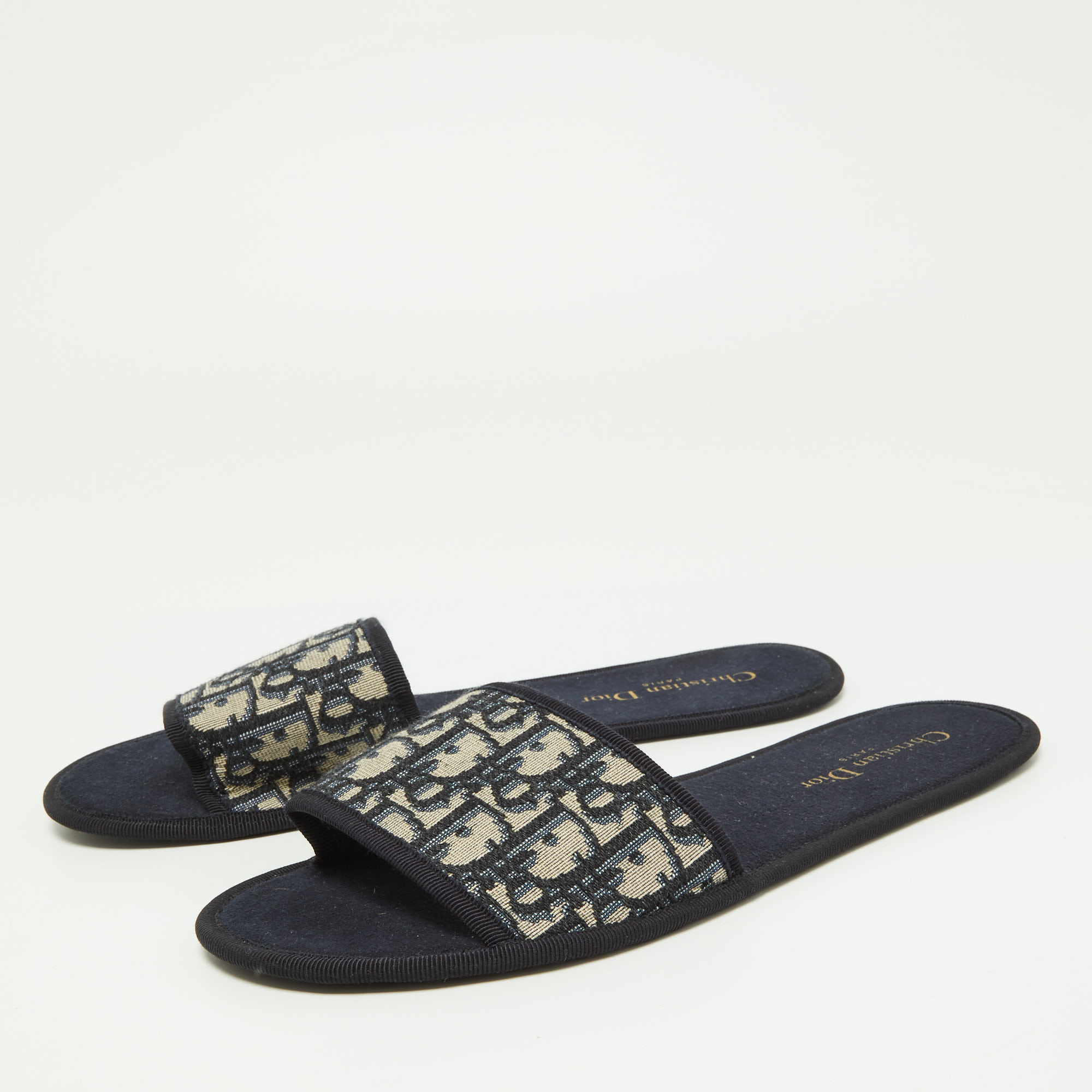 

Dior Blue/Beige Fabric Oblique Chez Moi Flat Slide Sandals