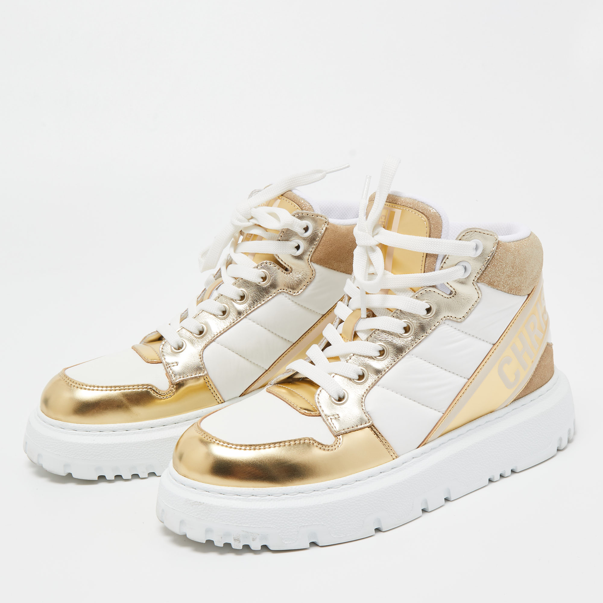 

Dior White/Gold Leather and Fabric D-Player High Top Sneakers Size