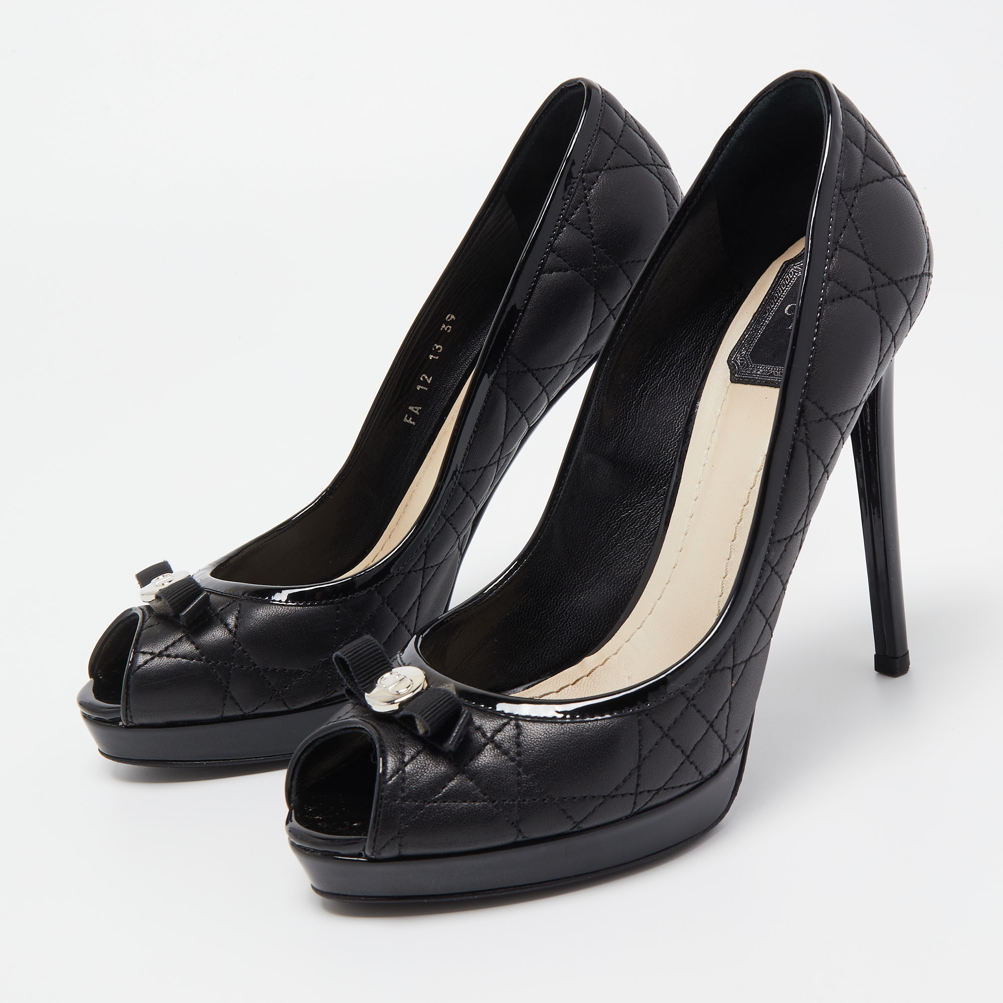 

Dior Black Quilted Leather Bow Peep Toe Platform Pumps Size