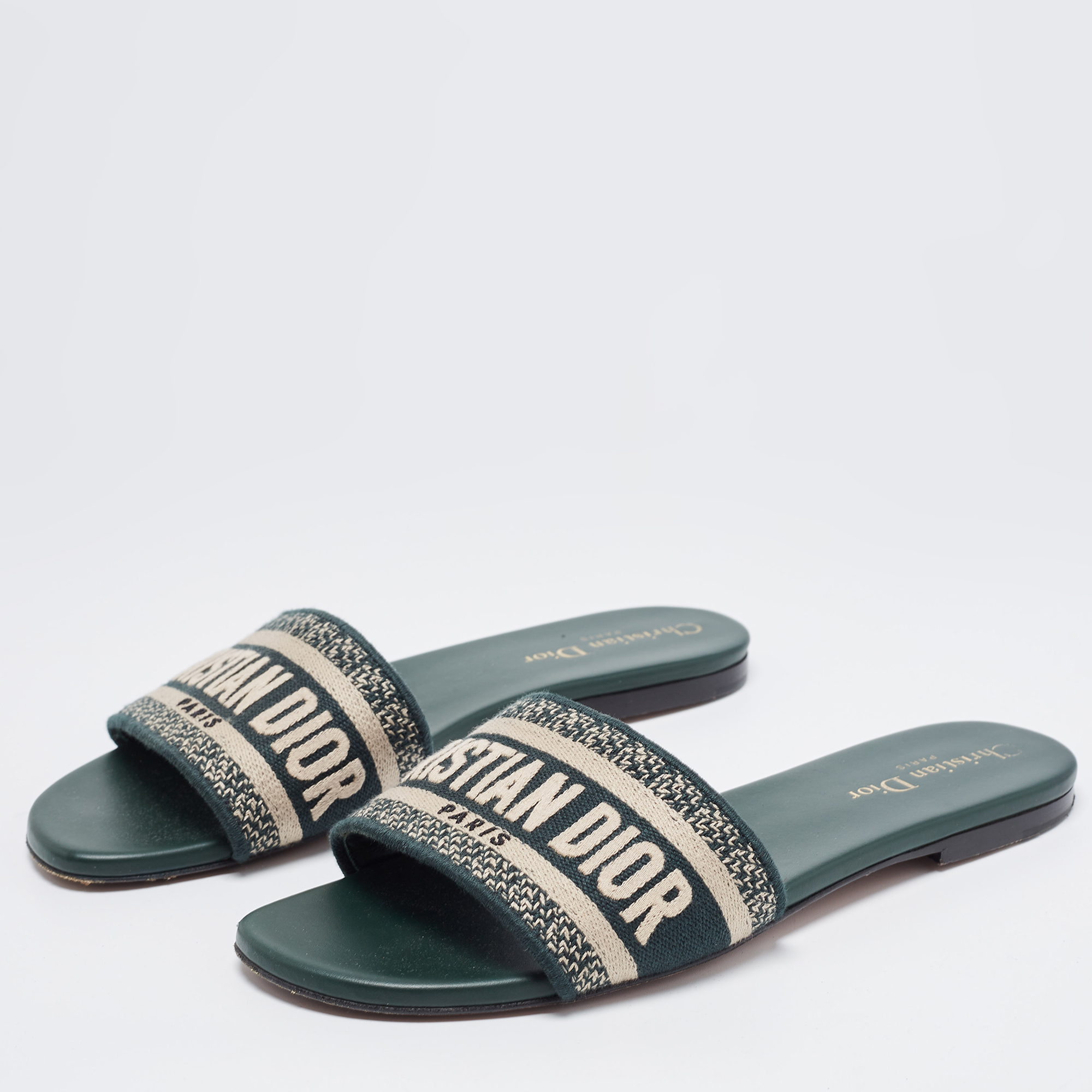 

Dior Two Tone Embroidered Canvas Dway Flat Slides Size, Green