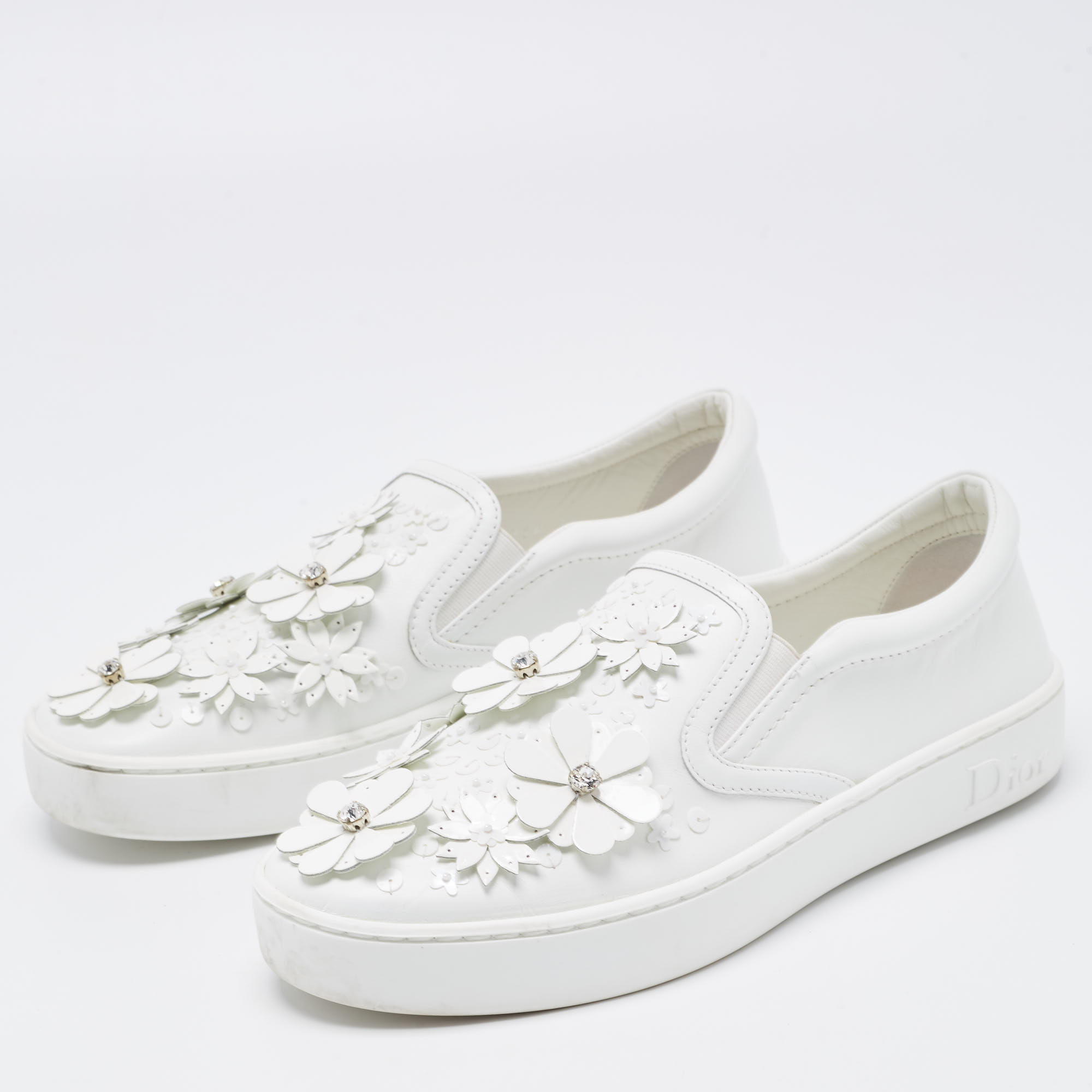 

Dior White Leather Floral Crystal Embellished Slip On Sneakers Size